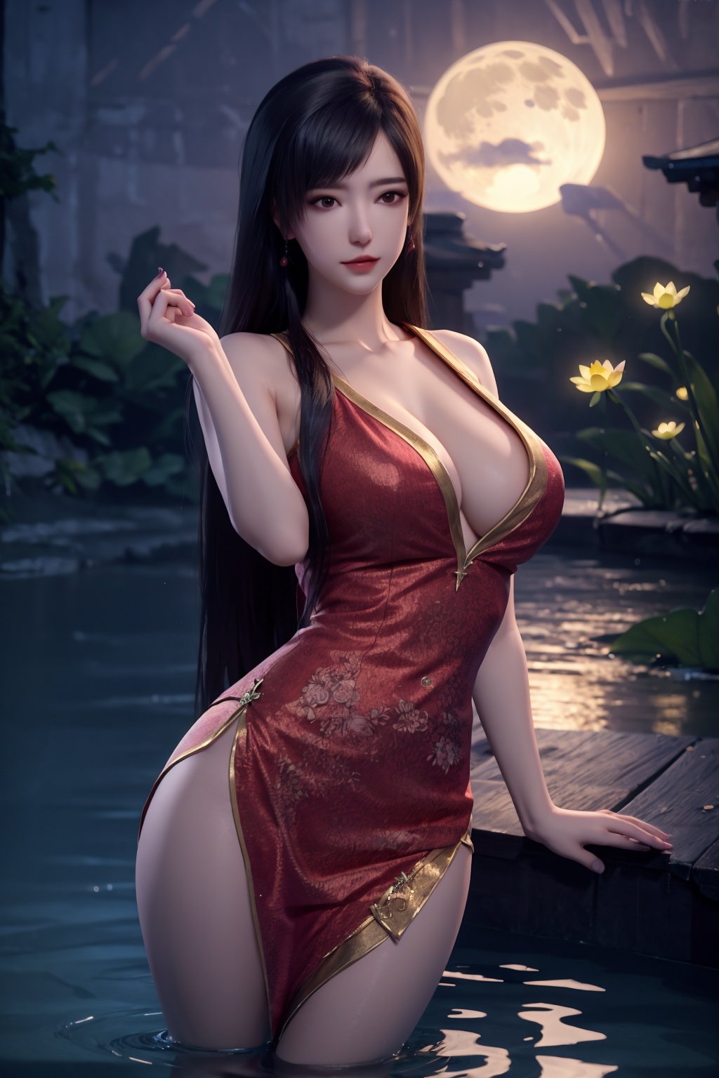 standing,dress,chinese clothes,flower,full_moon,moon,night,lily_pad,lotus,moonlight,nipples,water,night_sky,lily_\(flower\),sky,partially_submerged,1girl,solo,hair ornament,long hair,realistic,nail polish,photo_\(medium\),(big breasts, cleavage),makeup,(8k, RAW photo, best quality, masterpiece:1.2),(realistic, photorealistic:1.3),ultra-detailed,extremely detailed cg 8k wallpaper,(crystalstexture skin:1.2),extremely delicate and beautiful,(sexy pose:1.2),chinese dress,