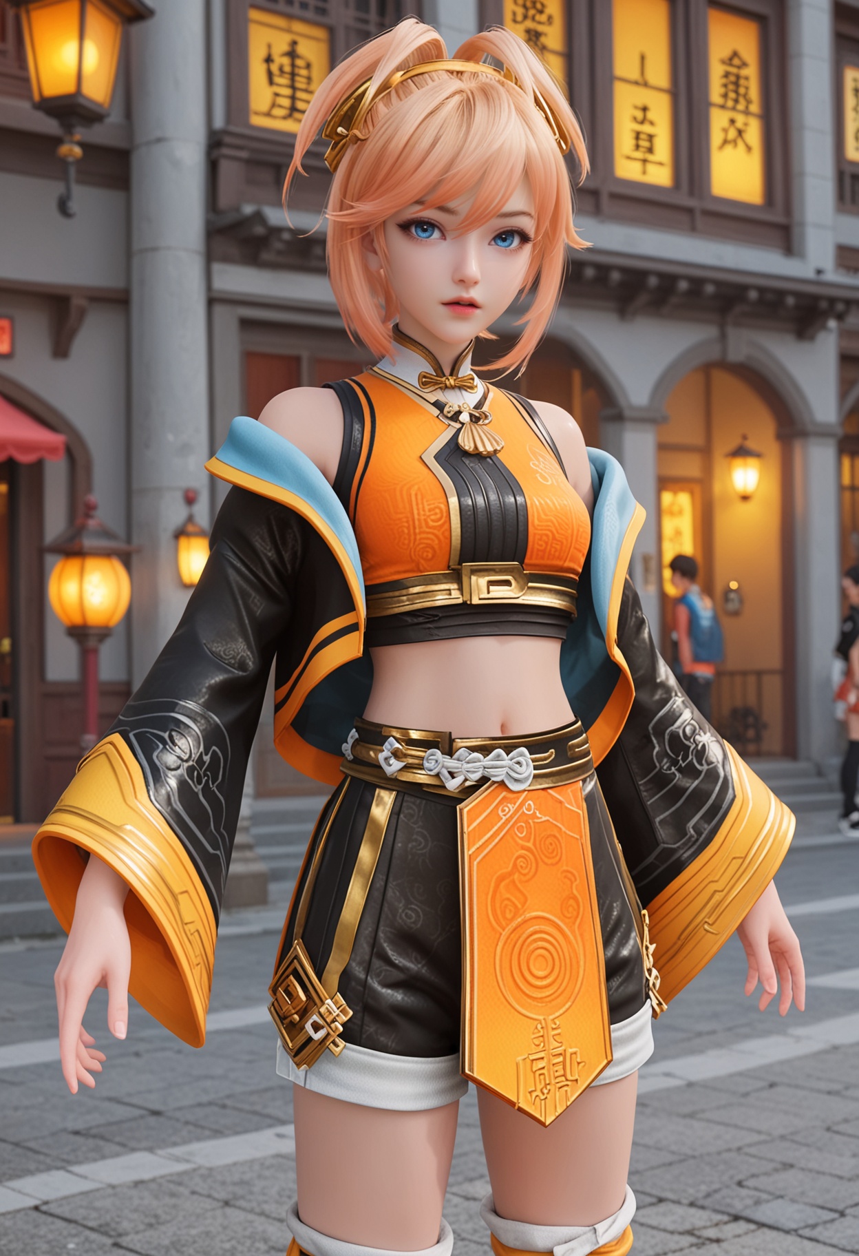 score_9,high detail,best quality,cinematic lighting,volumetric lighting,shiny skin,shiny,1girl,solo,blonde hair,blue eyes,jacket,shorts,skirt,standing,open clothes,midriff,transparent background,black shorts,crop top,orange shirt,wide sleeves,open jacket,chinese clothes,black jacket,off shoulder,leg warmers,short hair,hair ornament,parted lips,looking_at_viewer,upper_body,<lora:QQSponyjixiaomanV1:0.8>,<lora:Pony_DetailV2.0:0.8>,<lora:皮肤凹痕:0.1>,