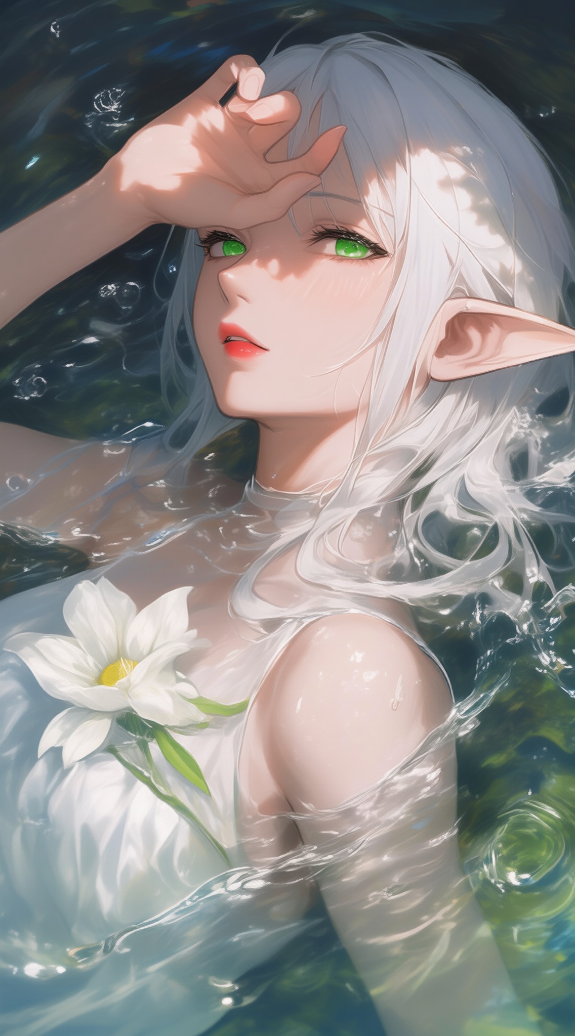 1girl,frieren,sousou no frieren,void 0,(rei \(sanbonzakura\):1.3),fajyobore,rella,dino \(dinoartforame\),alphonse \(white datura\),arm up,feet out of frame,elf,from above,shadow,green eyes,hand on own forehead,reflective water,ripples,looking at viewer,lying,on back,parted lips,partially submerged,pointy ears,sleeveless dress,see-through,wet,light particles,solo,very long hair,water,white dress,white flower,white hair,depth of field,shiny,masterpiece,best quality,good quality,newest,, (quasarcake:0.7),masterpiece,best quality,good quality,newest,year 2024,year 2023,(halftone),very aesthetic,absurdres,, Negative prompt: ng_deepnegative_v1_75t,(badhandv4:1.2),EasyNegative,(worst quality:2),,nsfw, Steps: 30, Sampler: Euler, CFG scale: 4.0, Seed: 3436642061, Size: 1142x2048, Model hash: 98763a1277, Model: Qwen-Image_1.0.safetensors, Denoising strength: 0, RNG: CPU, Lora 1: ZOZ_情绪插画04, Lora Hash 1: e826ccab9b, Lora Weight 1: 0.8, vae_name: automatic