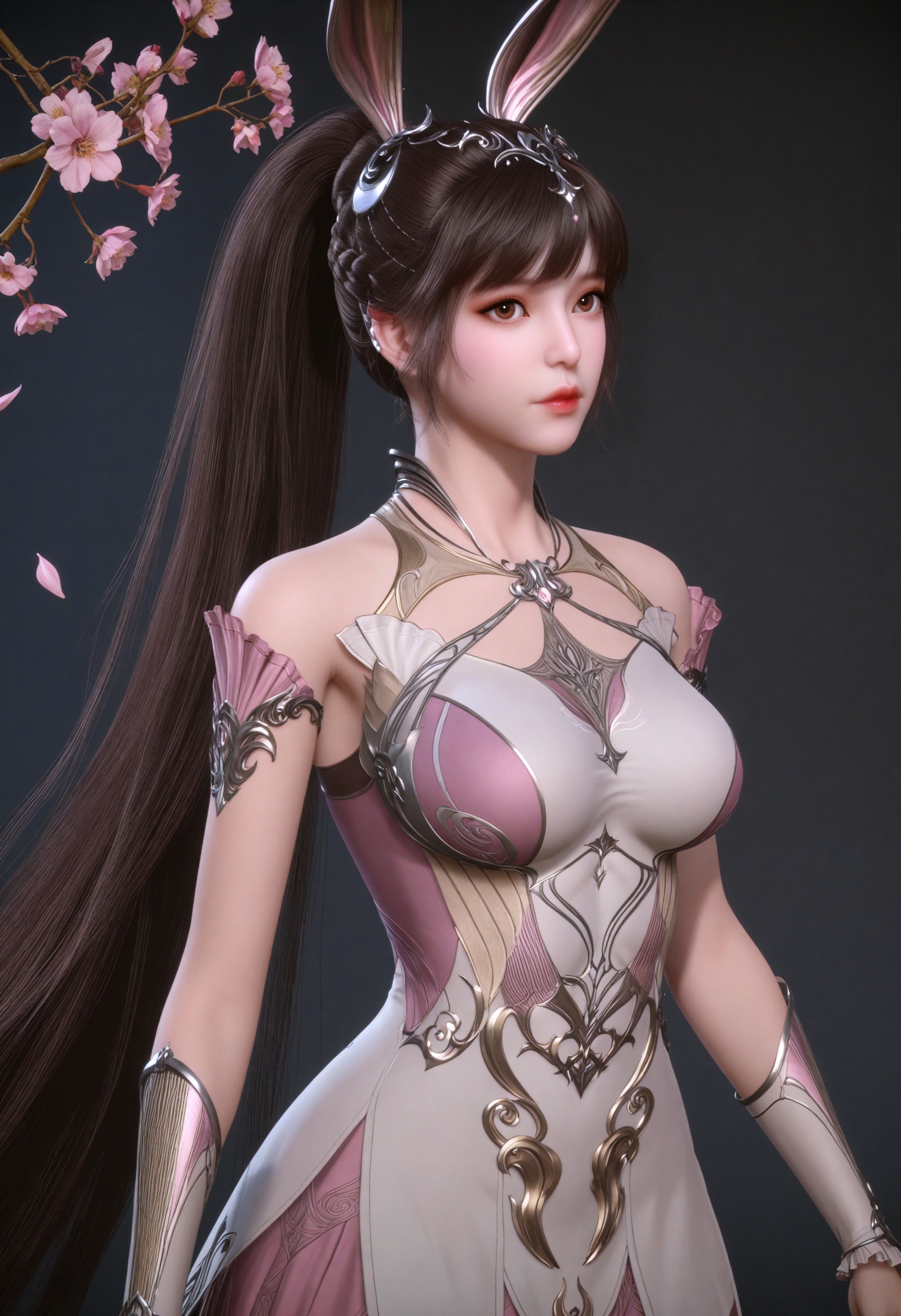 (cowboy shot:1.2),(gigantic breasts:0.6),(slender:1.3),(looking_at_viewer:1.1),(masterpiece:1.1),(best quality:1.2),(intricate details),dim lighting,(smog:1.3),(Dark room:1.3),(dim lighting:1.3),peach blossom,falling petals,<lora:YQ_li光辉v5_小舞_V1:0.8>,q1528437228,1girl,solo,dress,long hair,rabbit ears,animal ears,ponytail,brown hair,hair ornament,pink dress,black hair,jewelry,bare shoulders,metal collar,necklace,braid,collar,high heels,brown eyes,masterpiece,(best quality),(intricate details:0.9) BREAK masterpiece,(best quality),(intricate details:0.9),(realistic skin:1.2),
