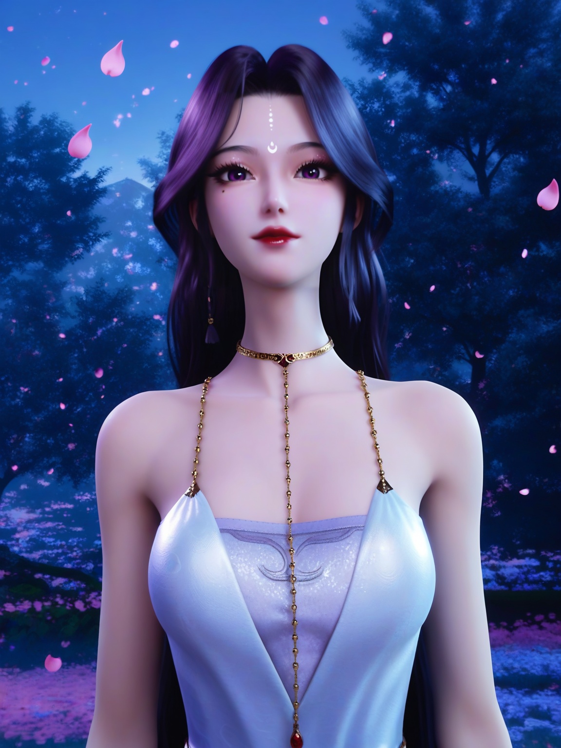 score_9,1girl,breasts,breasts,long hair,looking at viewer,facial mark,forehead mark,red lips,dress,choker,lipstick,falling petals,eyelashes,solo,looking at viewer,enchanting expression,outdoors,<lora:SF_YueYe_YuYi_Pony_Realism2.3:0.7>,