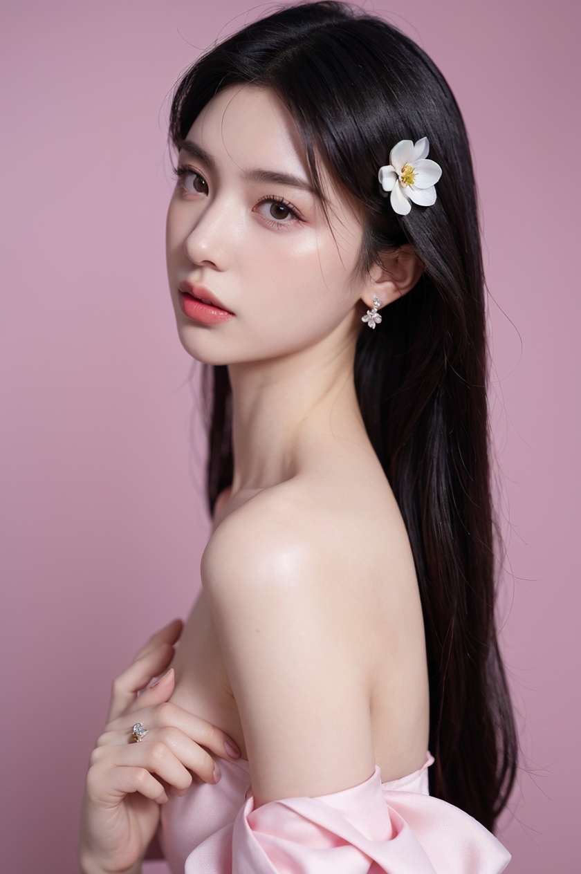 1girl, solo,(front view:1.2),(looking_at_viewer:1.4),(eye-contact:1.4),,black hair, long hair, jewelry, realistic, earrings, hair ornament, black eyes, lips, collarbone, parted lips, flower, watermark, upper body, portrait, hair flower, dress, web address,  <lora:YG红颜阁美女4:0.8>,