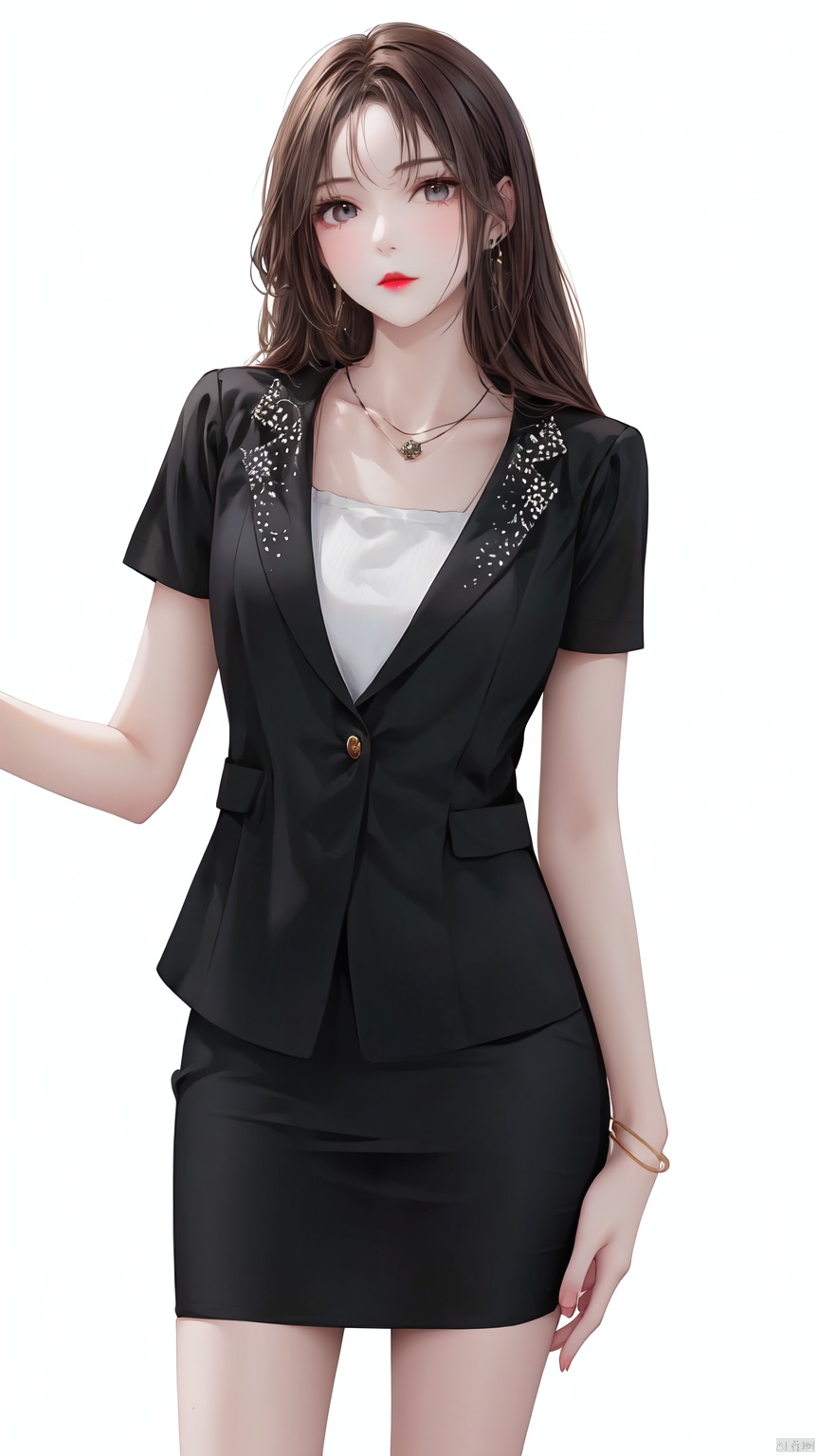 1girl, solo, long hair, looking at viewer, skirt, simple background, brown hair, black hair, white background, jewelry, short sleeves, cowboy shot, earrings, black skirt, necklace, bracelet, formal, pencil skirt, red lips——Clear hand contour,Hand intact,Five fingers of the hand are clear, loli, ((poakl))<lora:EMS-93-EMS:0.800000>, <lora:EMS-254762-EMS:0.500000>, <lora:EMS-346315-EMS:0.800000>