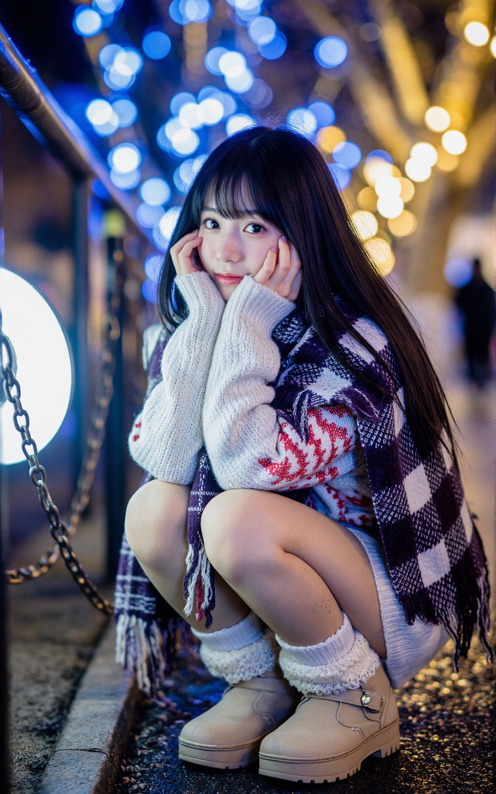 一位年轻女性蹲坐在夜晚的户外场景中,  她有着乌黑的长发和齐刘海,  眼神温柔地注视着镜头 on Tensor.Art