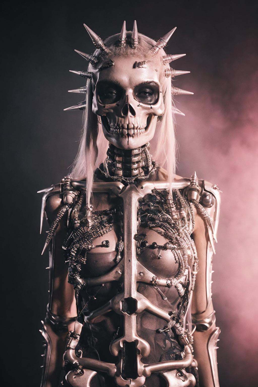 a woman in a skeleton costume, future techwear, metal album cover art, cyborg, goth girl aesthetic, transparent skin, snake texture, temple, pastel goth aesthetic, 2029, skin spikes