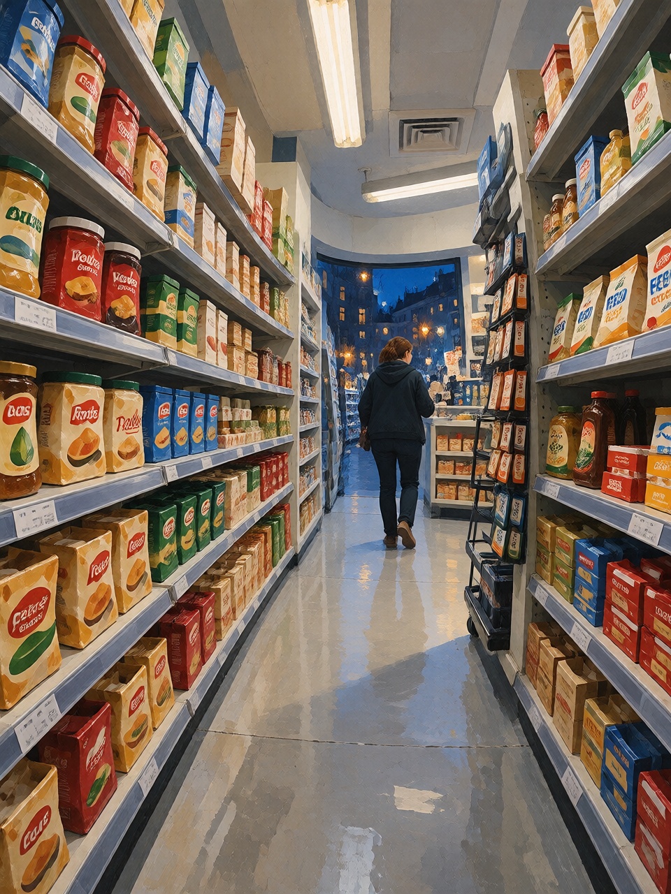 A woman standing in a narrow convenience store aisle at night,  seen from very close range,  foreground shelves looming la...