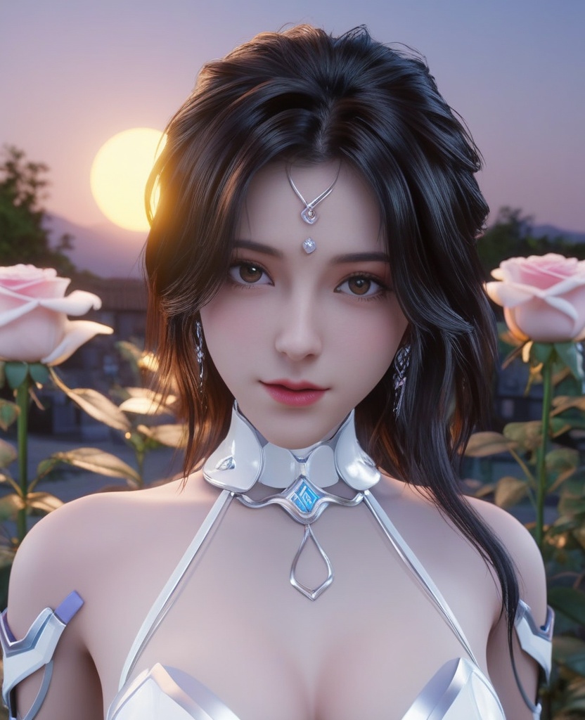 <lora:613-DA-XL-神印王座-白玥:0.8>(,1girl, ,best quality, ),looking at viewer,masterpiece, (( , )),, realistic,science fiction,mole, ultra realistic 8k cg, sun ,  rose,(cleavage), (),