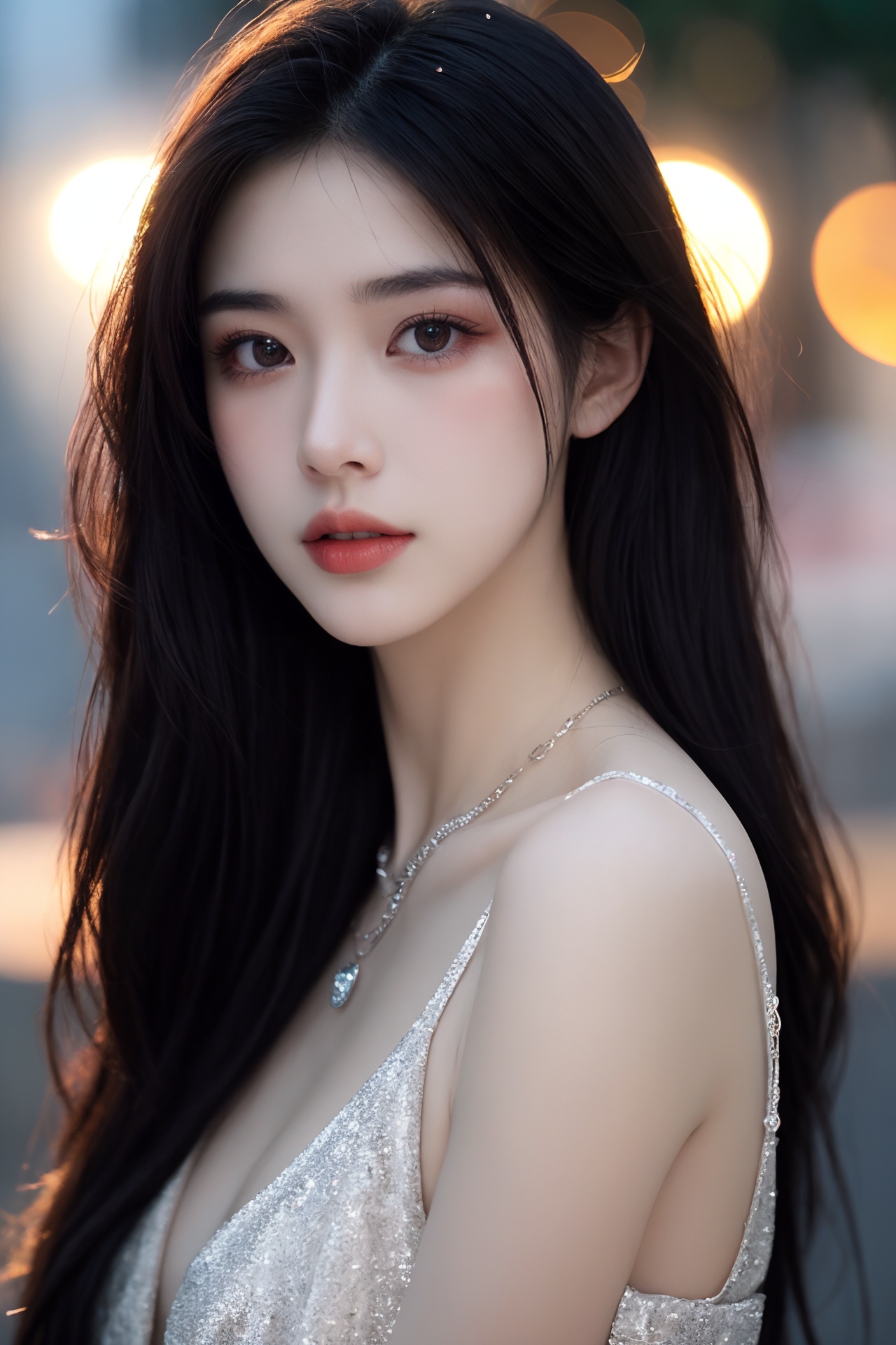 1girl, black hair, blurry, blurry background, bokeh, depth of field, jewelry, lens flare, lips, long hair, looking at viewer, necklace, outdoors, sleeveless, solo <lora:美女:0.8>