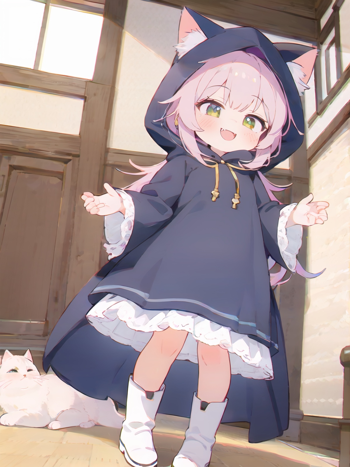 dutch angle,perfect anatomy,full body,(1girl:1.2),witch,white footwear,boots,bow,layered dress,wide sleeves,long sleeves,thighs,hood_with_cat_ears,smile,kind_smile,naughty_face,seductive_smile,fangs,indoors,, (masterpiece,best quality,ultra_detailed,highres,absurdres:1.2)
