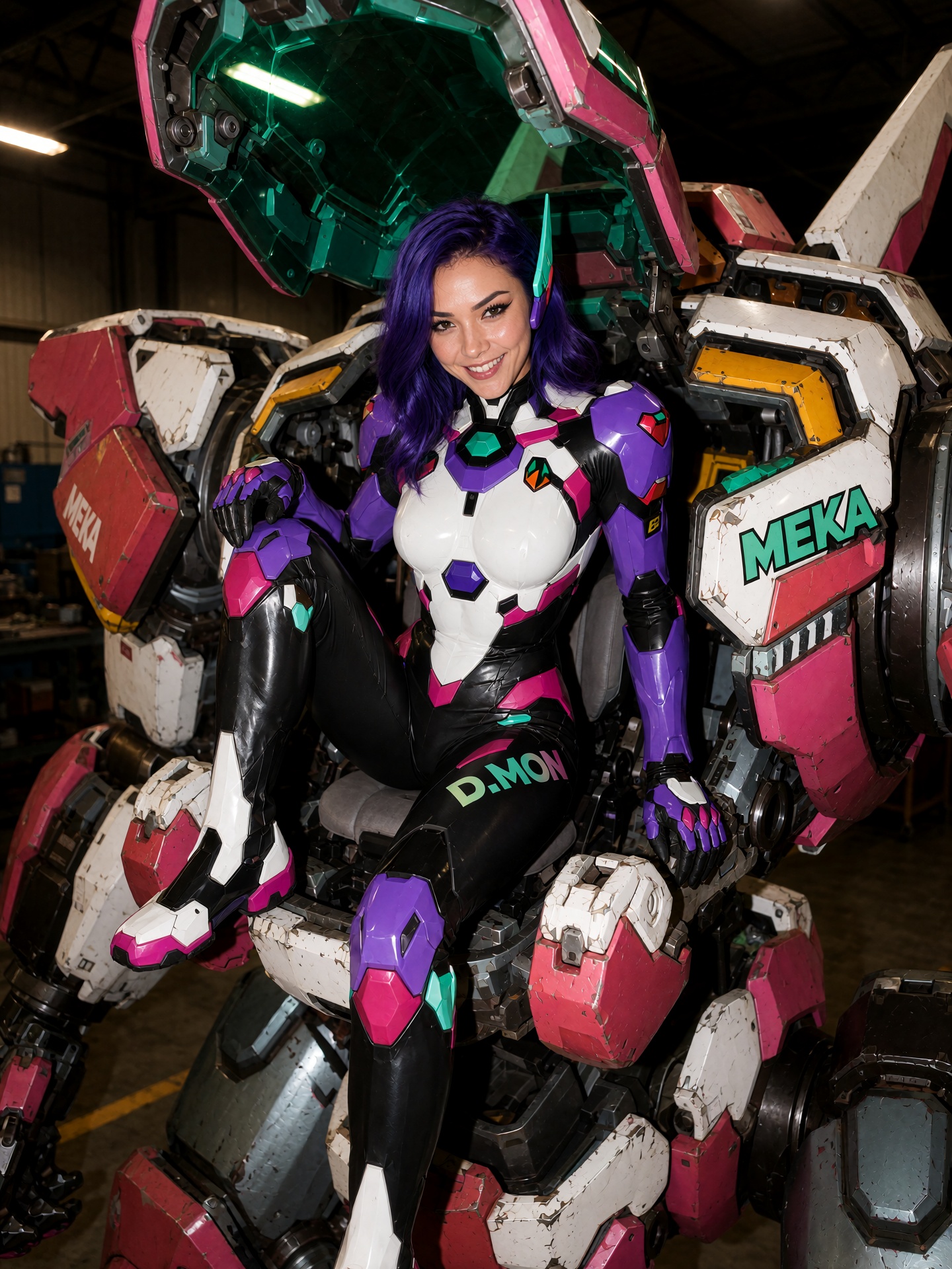 dmon,  bright purple hair,  dmon wearing armor with meka on Tensor.Art