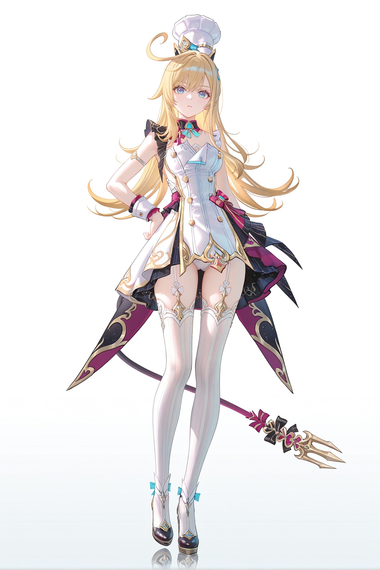 8k,best quality,masterpiece,(ultra-detailed),(high detailed skin),((artist:reoen),(artist:fuzichoco),(artist:atdan),(artist:torino_aqua),year 2024:0.8)1girl,[artist:wlop],[artist:ningen_mame],artist:ciloranko,[[artist:rhasta]],artist:tidsean,colorful,full body,full shot,standing,looking at viewer,(solo:1.2),simple background,(white background:1.2),hand on own hip,(white background:1.1),<lora:escoffier-ill-Tanger-000013:0.8>,escoffier \(genshin impact\),clothes: escoffier def white and black dress,escoffier chef's hat,1girl,thighhighs,long hair,ahoge,blue eyes,escoffier fake devil tail,blonde hair,