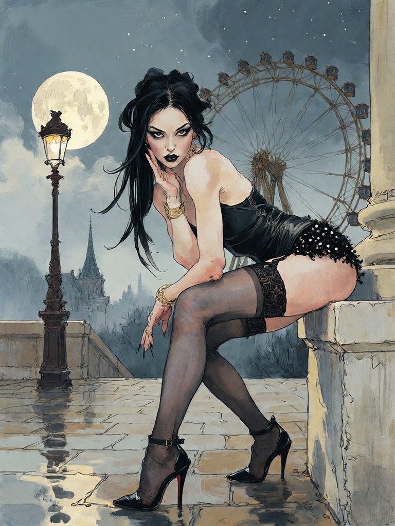 Bradhamel art style.A gothic,  moody night scene featuring a strikingly beautiful woman with dark hair styled in an elegan...