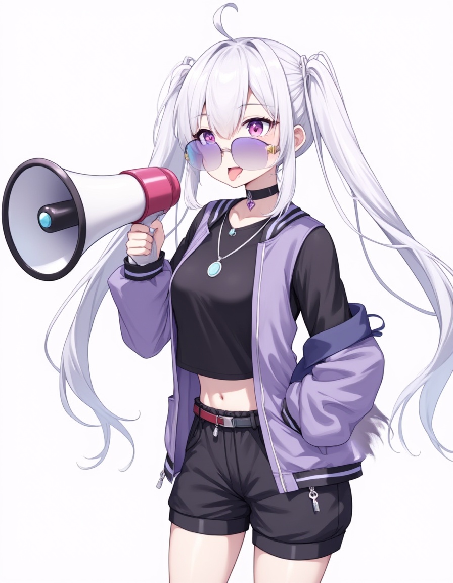 1girl, megaphone, solo, tongue, holding megaphone, sunglasses, jewelry, twintails, open mouth, earrings, tongue out, tinted eyewear, white hair, long hair, black shirt, holding, purple-tinted eyewear, shorts, choker, jacket, black shorts, long sleeves, shirt, belt, blue-tinted eyewear