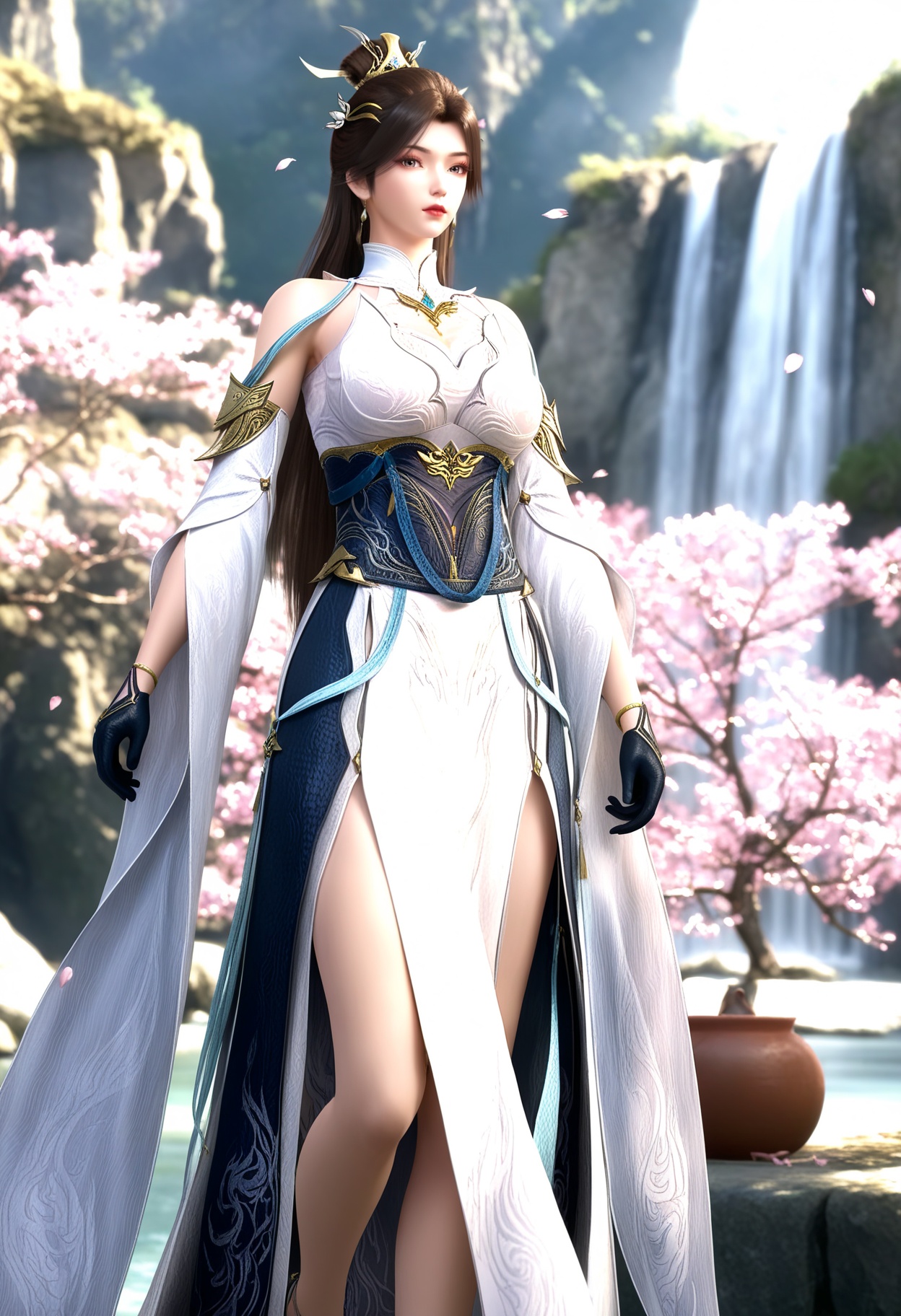 masterpiece,best quality,amazing quality,high resolution,ultra-detailed,absurdres,(looking at viewer:1.1),(moody lighting:1.1),waterfall,peach blossom,falling petals BREAK large breasts,lingxi,1girl,solo,long hair,brown hair,jewelry,dress,hair ornament,earrings,bare shoulders,white dress,detached sleeves,hair bun,gloves,chinese clothes,high heels BREAK photorealistic details,<lora:QQSilllingxiV1:0.8>,