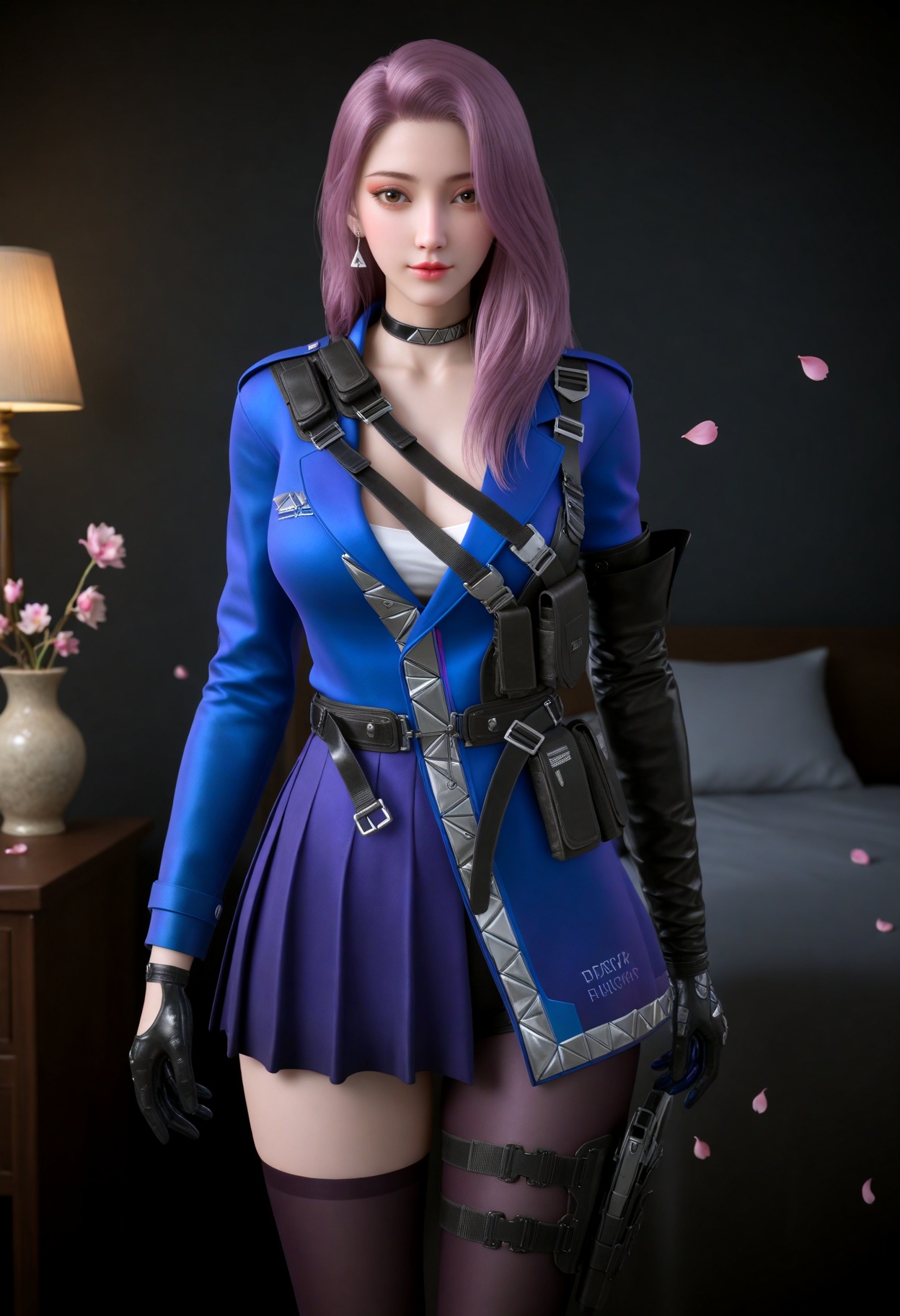 (cowboy shot:1.2),(gigantic breasts:0.6),(slender:1.3),(looking_at_viewer:1.1),(masterpiece:1.1),(best quality:1.2),(intricate details),dim lighting,(smog:1.3),(Dark room:1.3),(dim lighting:1.3),peach blossom,falling petals,<lora:YQ_Illustrious光辉v5_云悠悠保卫者_V1:0.8>,solo,long hair,gloves,pink hair,choker,belt,black gloves,jewelry,earrings,brown eyes,thighhighs,jacket,skirt,holster,blue jacket,purple hair,single thighhigh,asymmetrical legwear,black choker,pantyhose,cleavage,black thighhighs,dress,high heels,strap,thigh strap,thigh holster,pouch,uneven legwear,elbow gloves,masterpiece,(best quality),(intricate details:0.9) BREAK masterpiece,(best quality),(intricate details:0.9),(realistic skin:1.2),