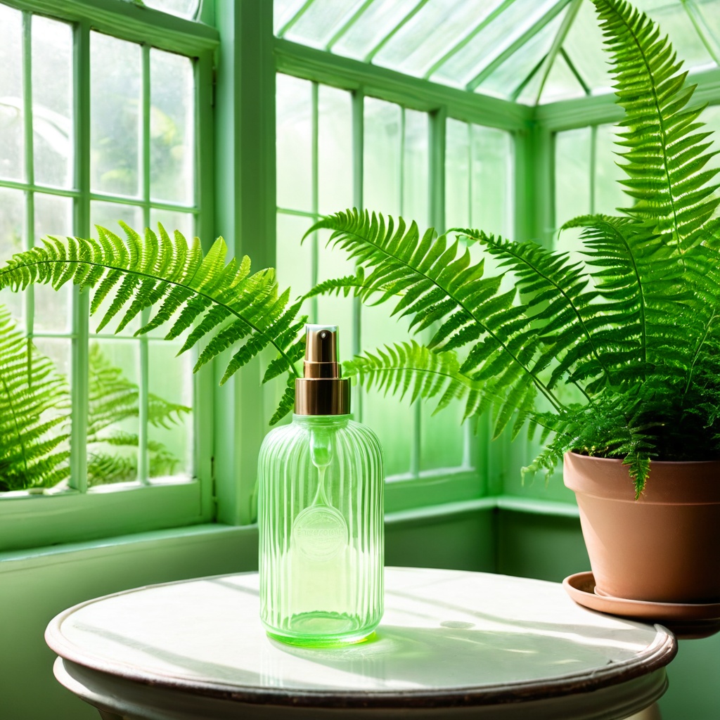 scenevintagreen,  a glass skincare bottle,  vintage glass conservatory on Tensor.Art