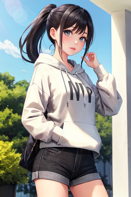 1girl,solo,grey-black hair,high ponytail,hoodie,micro_shorts,
