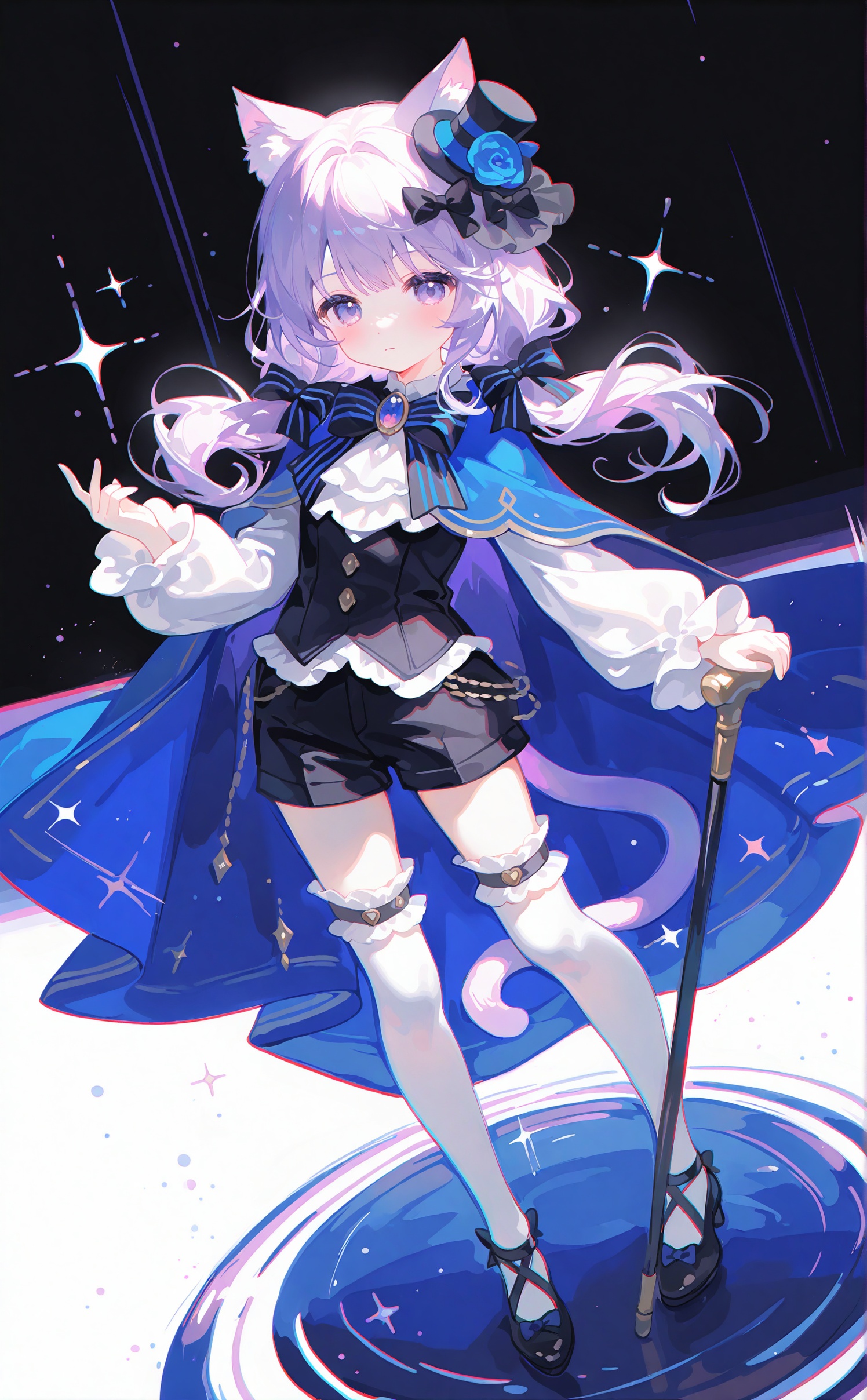 masterpiece,very aware,highres,absurdres,newest,best quality,loli,petite,high quality,chromatic_aberration,cinematic_angle,dutch angle,1girl,solo,long hair,looking at viewer,bangs,simple background,shirt,hair ornament,thighhighs,long sleeves,hat,white background,bow,holding,animal ears,twintails,jewelry,closed mouth,purple eyes,tail,white shirt,purple hair,flower,hair bow,frills,shoes,shorts,striped,puffy sleeves,cat ears,hair flower,bowtie,cape,black footwear,vest,high heels,white thighhighs,cat tail,animal ear fluff,short shorts,ascot,sparkle,black bow,low twintails,blue bow,black shorts,cat girl,brooch,puffy long sleeves,black vest,mini hat,striped bow,blue cape,cane,holding cane,