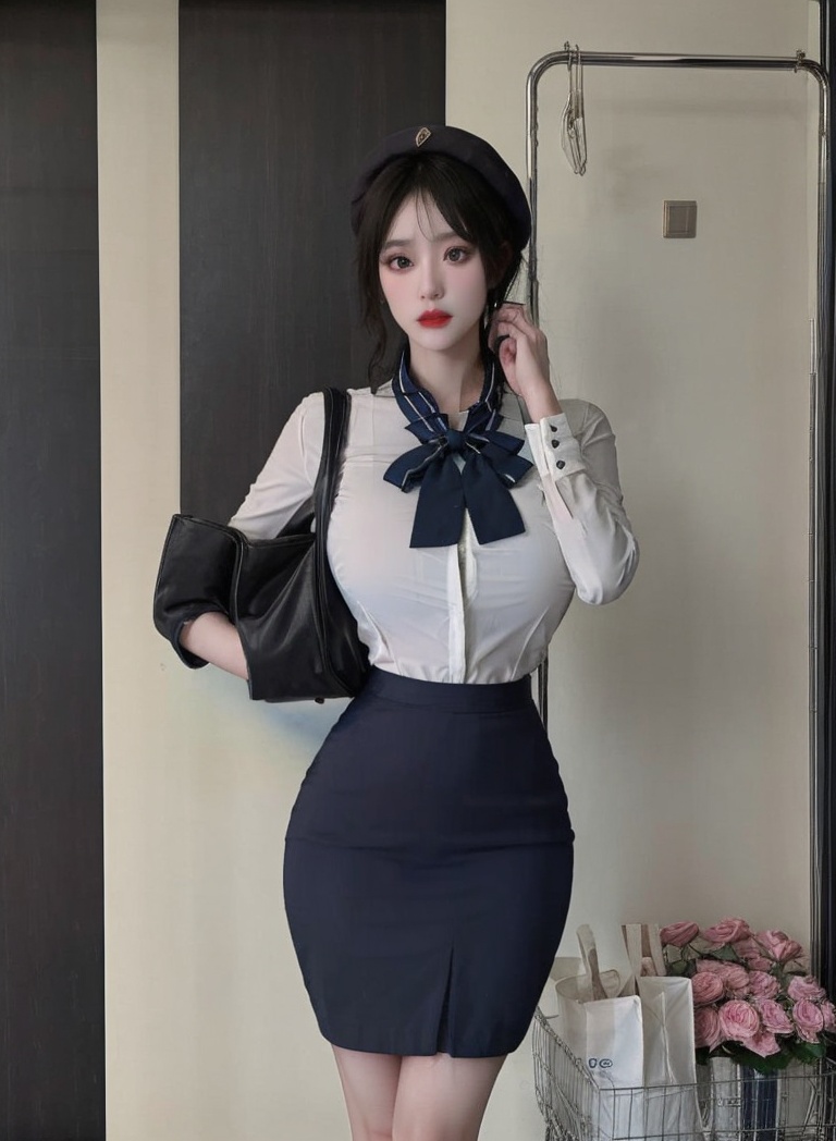(masterpiece, best quality:1.4),finely detailed,1girl,solo,pale skin,perfect body,(gigantic breasts:1.2),standing,<lora:性感空姐制服-000008:0.8>,blue skirt,bow,hat,pencil skirt,white shirt,
