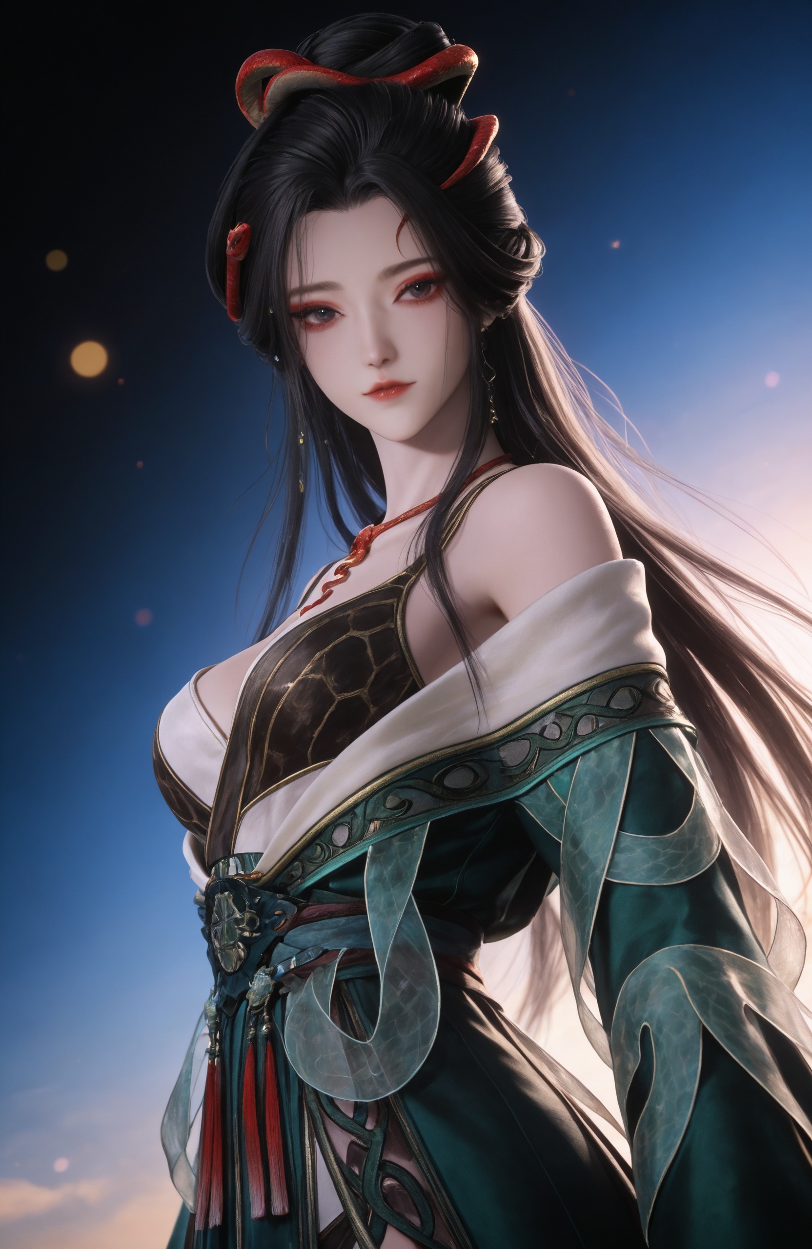 realistic style photo,outstanding style,Use soft lighting to cast gentle shadows on the subject,adding a touch of dimension to your images without compromising details,whirls of vapor,(Anime:1.1),soft neon light,ethereal ambiance,delicate details,magical atmosphere,concept art,highly detailed,ultra-high resolution,32K UHD,sharp focus,best-quality,masterpiece,golden hour,unconventional supreme masterpiece,masterful details,temperate atmosphere,with a high-end texture,in the style of fashion photography,magazine style,Dynamic Angle,Dynamic posture,magazine style,Dynamic Angle,Dynamic posture,(cowboy_shot:1.2),eye trail,depth of field,cinematic lighting,lens flare,close-up,extreme aesthetic,(wlop:0.6),(honjou raita,lack,rella,wanke:0.5),masterpiece,best quality,good quality,newest,year 2025,very aesthetic,absurdres,Visual impact,A shot with tension,ultra-high resolution,32K UHD,sharp focus,best-quality,masterpiece,Emotionalization,unconventional supreme masterpiece,masterful details,temperate atmosphere,with a high-end texture,in the style of fashion photography,(Visual impact:1.2),giving the poster a dynamic and visually striking appearance, <lora:牧神记-龙娇男IL:0.7> 1girl,solo, long hair, black hair, hair ornament, hair bun,necklace, bare shoulders, chinese clothes, breasts, green dress, off shoulder, sash, bare legs, barefoot,, solo,upper body,looking at viewer,gradient background,gradient,blue background,black background,