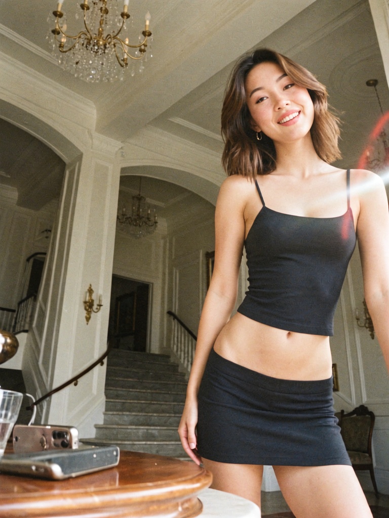 dynamic-angle instagram photo of a young slim short petite Asian woman standing on the right edge of the frame in a candid...
