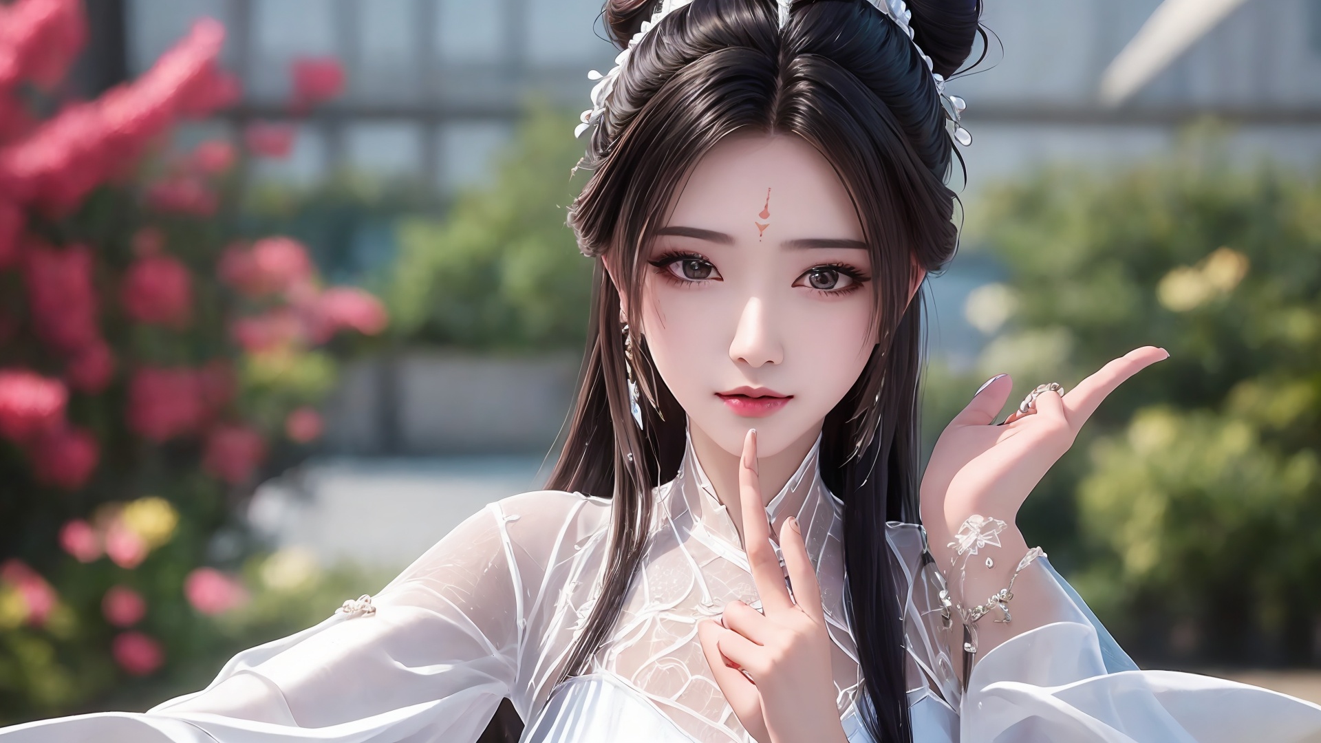 1girl,hair ornament,long hair,forehead mark,solo,black hair,facial mark,upper body,index finger raised,dress,looking at viewer,jewelry,white dress,hair bun,blurry background,<lora:girl solo luxueqi_20240911015355:0.7>,<lora:【面部细节优化】拒绝一眼Ai暖白美颜滤镜-冷白皮美颜去油腻_v1.0:0.6>,