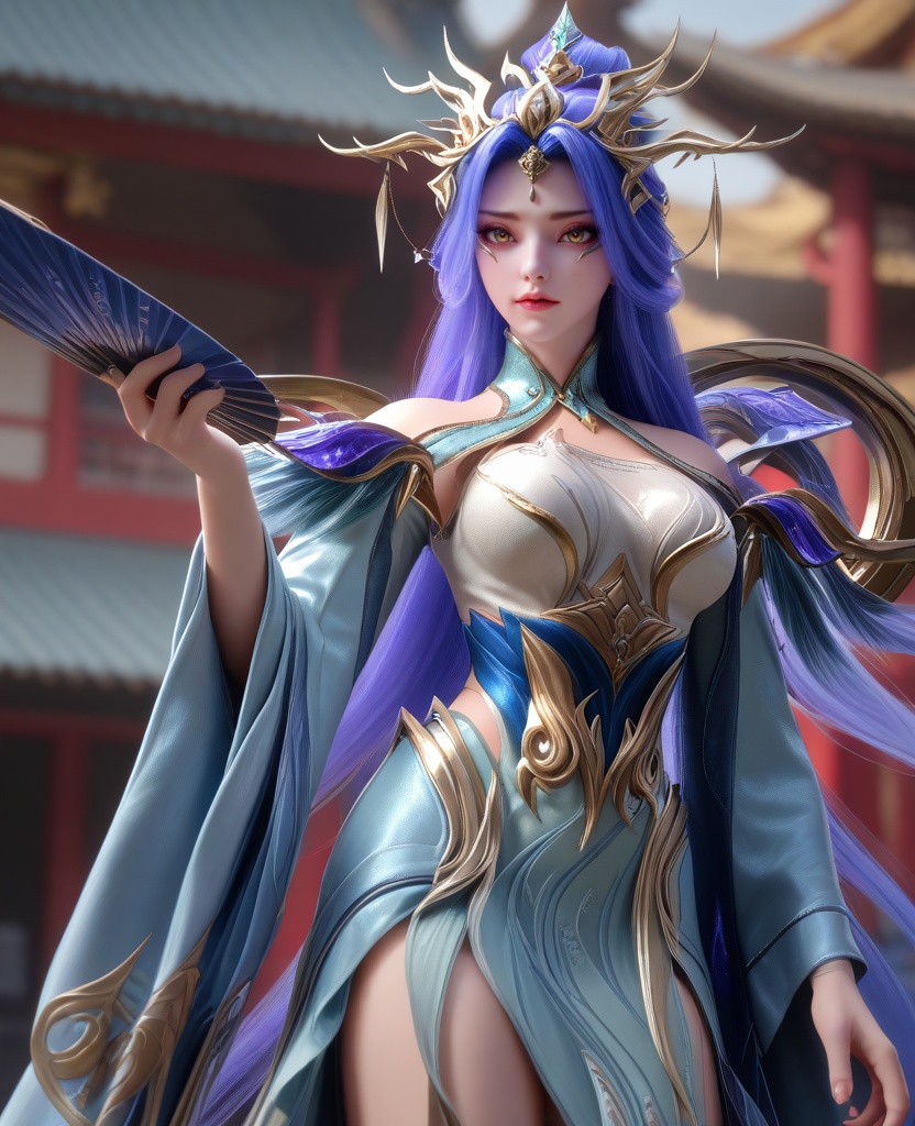 (oriental architecture, elegant decor, sophisticated style:1.1),(dancing,folding fan in hand:1.1),(breasts:1.2),<lora:XL16克金玩家则天女帝:0.95>,goddess,pale blue tiered high-low gown,yellow eyes,violet hair,very long hair,hair ornament,hagoromo,wide flowing sleeves,sash,, zPDXL2, score_9, score_8_up, score_7_up BREAK realistic, masterpiece,best quality, highly detailed,, zPDXL3, zPDXL2,zPDXL, zPDXLxxx, zPDXLrl,