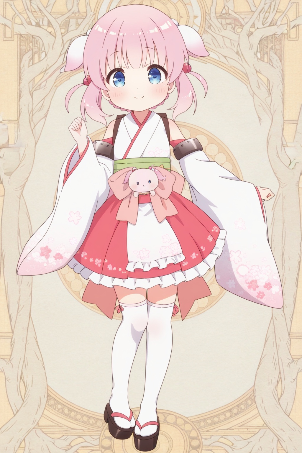 <lora:Haizakura_Ill_v10:0.8>,full body,Haizakura,little_girl,loli,kawaii,(child),blue eyes,short stature,pink hair,twintails,medium hair,hair ornament,japanese clothes,kimono,detached sleeves,bare shoulders,smile,white kimono,hair bobbles,