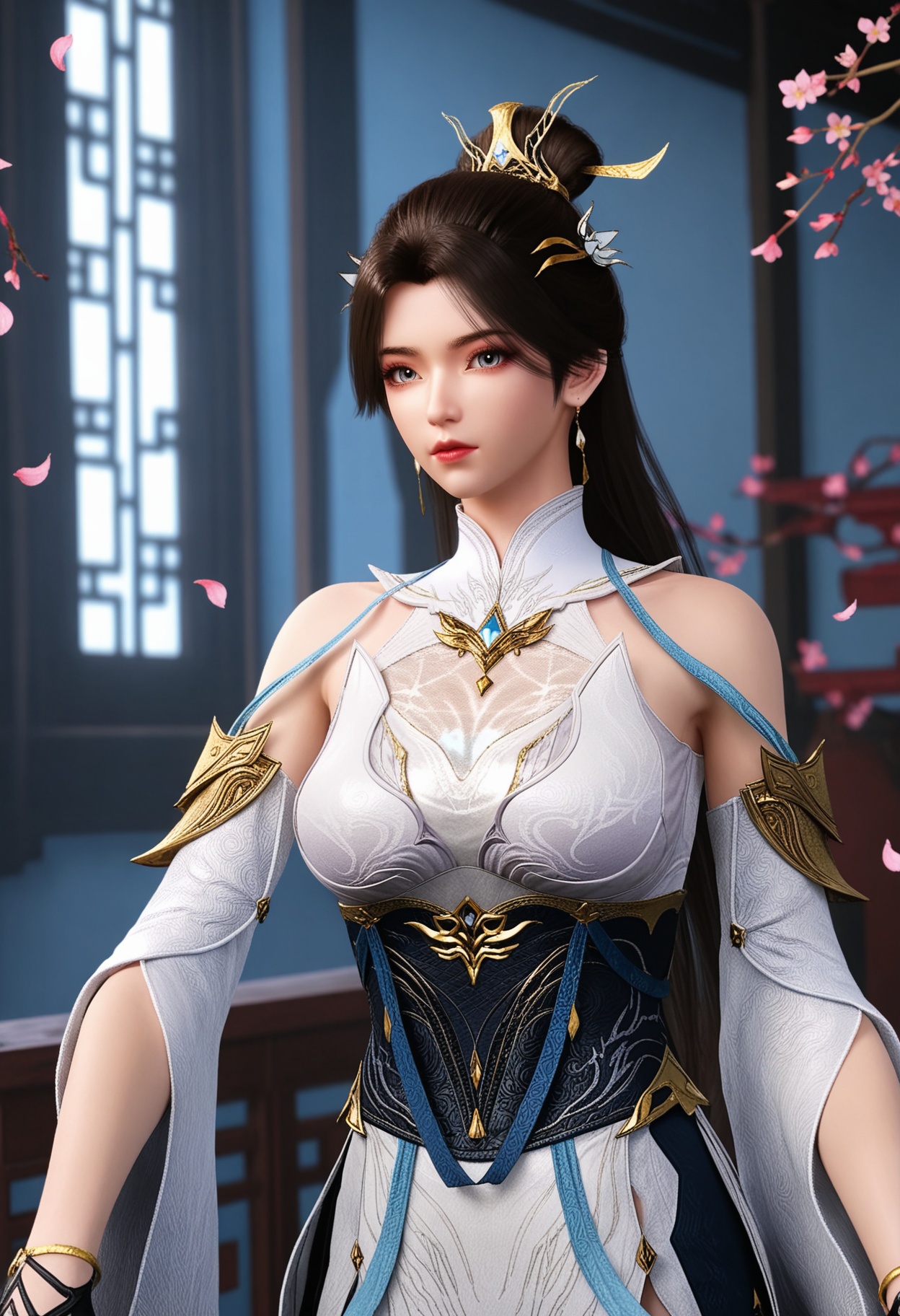 (upper_body:1.2),(looking at viewer:1.1),masterpiece,(best quality),smog,Dark room,dim lighting,peach blossom,falling petals,<lora:YQ_Illustrious光辉v5_灵溪_V1:0.8>,q1528437228,1girl,solo,jewelry,long hair,hair ornament,earrings,brown hair,dress,white dress,hair bun,black hair,detached sleeves,chinese clothes,gloves,ponytail,black gloves,single hair bun,high heels,brown eyes,grey eyes,blue eyes,sash,bracelet,