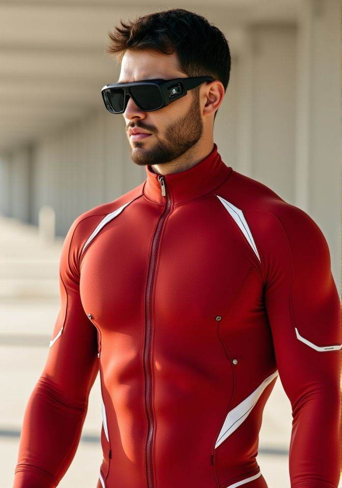 aaron owen ,  Hi-res photo. He wears futuristic electronic glasses. He is wearing a light red,  close fitting flight suit...