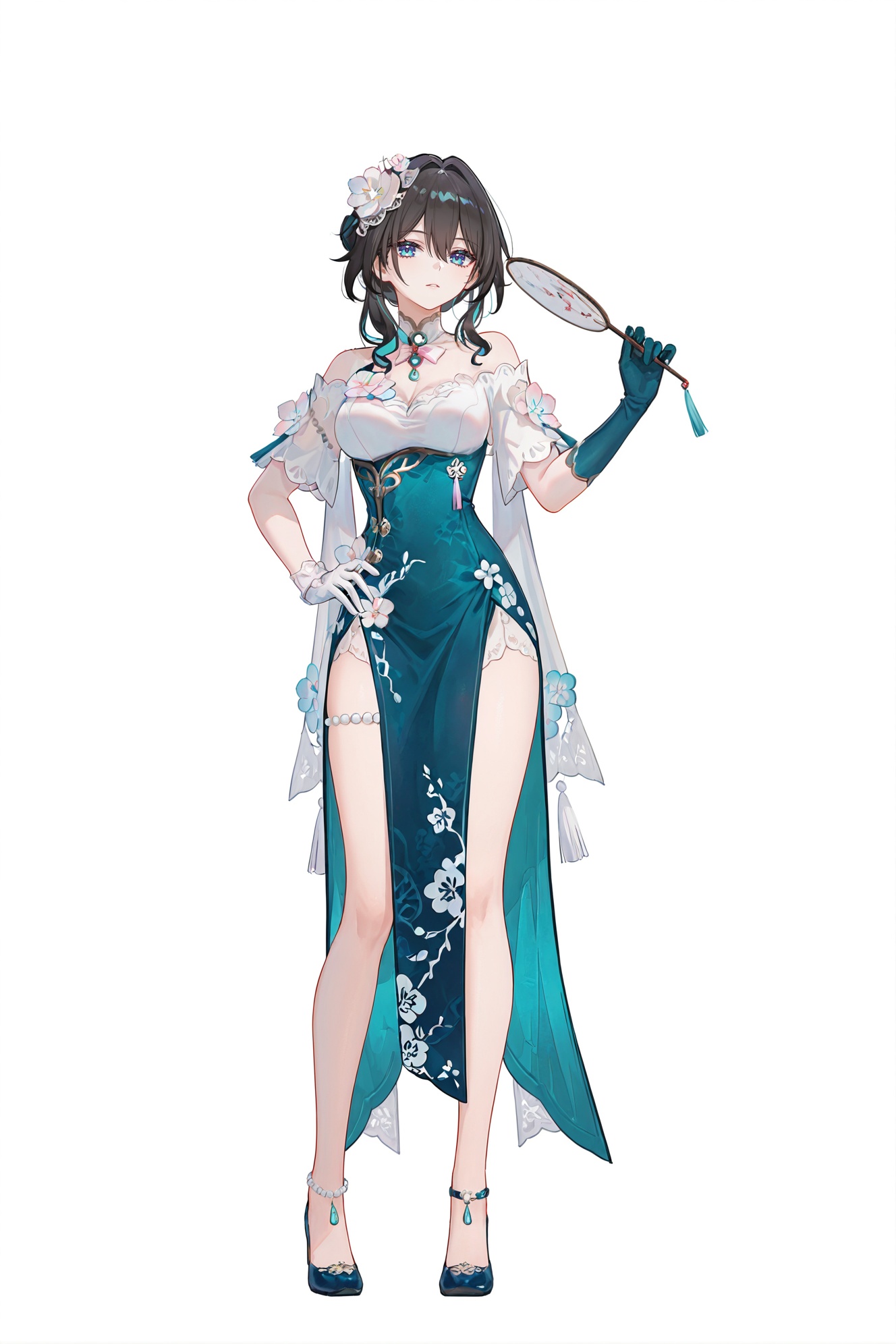 8k,best quality,masterpiece,(ultra-detailed),(high detailed skin),((artist:reoen),(artist:fuzichoco),(artist:atdan),(artist:torino_aqua),year 2024:0.8)1girl,[artist:wlop],[artist:ningen_mame],artist:ciloranko,[[artist:rhasta]],artist:tidsean,colorful,full body,full shot,standing,(solo:1.2),simple background,(white background:1.2),hand on own hip,(white background:1.1),looking at viewer,<lora:ruanmei_new-ill-Tanger-000014:0.8>,ruan mei \(honkai: star rail\), xuemei, clothes: xuemei qipao, pearl thigh strap, xuemei mismatched gloves, seele vollerei, 1girl, bangs, blue eyes, xuemei hair ornament, gloves, bare shoulders, hair flower, holding fan