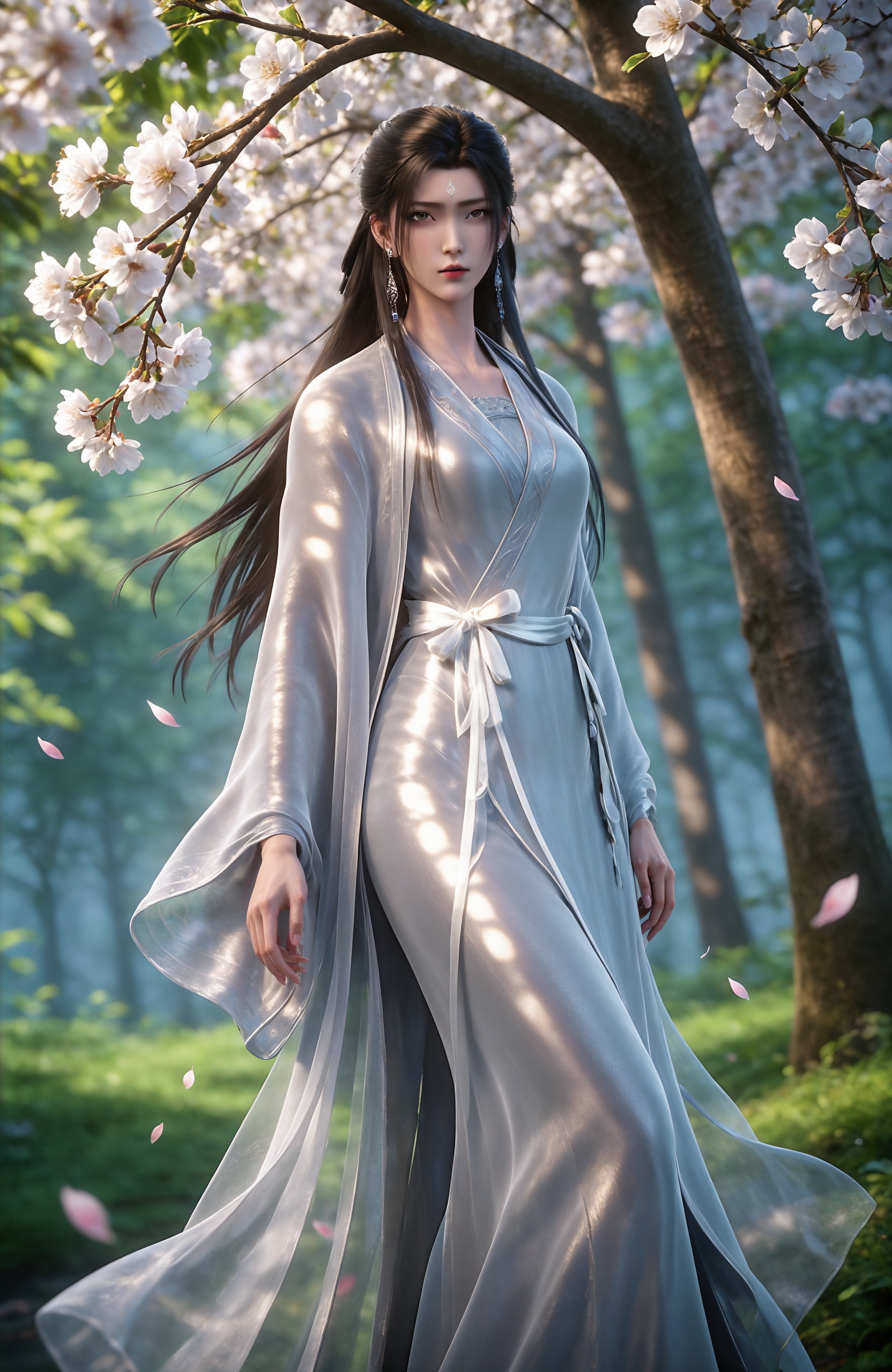 <lora:诛仙3-陆雪琪-居家服Pony:0.8> 1girl, long hair, earrings, forehead mark, black hair, white dress, sash, chinese clothes,ribbon, long sleeves,silver shoes, realistic style photo,outstanding style,adding a touch of dimension to your images without compromising details,whirls of vapor,ethereal ambiance,delicate details,magical atmosphere,concept art,highly detailed,ultra-high resolution,32K UHD,sharp focus,best-quality,masterpiece,golden hour,unconventional supreme masterpiece,masterful details,temperate atmosphere,with a high-end texture,in the style of fashion photography,magazine style,Dynamic Angle,Dynamic posture,(cowboy_shot:1.2),depth of field,lens flare,extreme aesthetic,masterpiece,best quality,good quality,newest,year 2025,very aesthetic,absurdres,Visual impact,A shot with tension,ultra-high resolution,32K UHD,sharp focus,best-quality,masterpiece,Emotionalization,unconventional supreme masterpiece,masterful details,temperate atmosphere,with a high-end texture,in the style of fashion photography,(Visual impact:1.2),giving the poster a dynamic and visually striking appearance,, 1girl, solo, tree, branch, sunlight, outdoors, looking at viewer, blurry,  standing, blurry foreground,sun light,Tyndall,cherry blossom,
