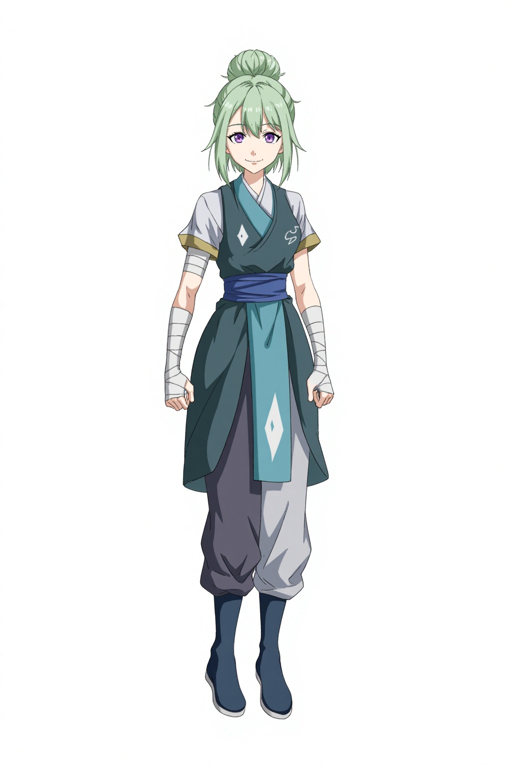HEZI, Character Design, animation art, quadratic, bright colors, 1girl, solo, purple eyes, smile, hair bun, single hair bun, green hair, looking at viewer, white background, full body, bandages, boots, simple background, standing, bandaged arm, bangs, short sleeves, black footwear, straight-on, clenched hands, closed mouth, sash, short hair, pants, vest, blue footwear, hair between eyes, wrist wrap, blue sash, sidelocks, fingerless gloves, arm wrap, chinese clothes, arms at sides
