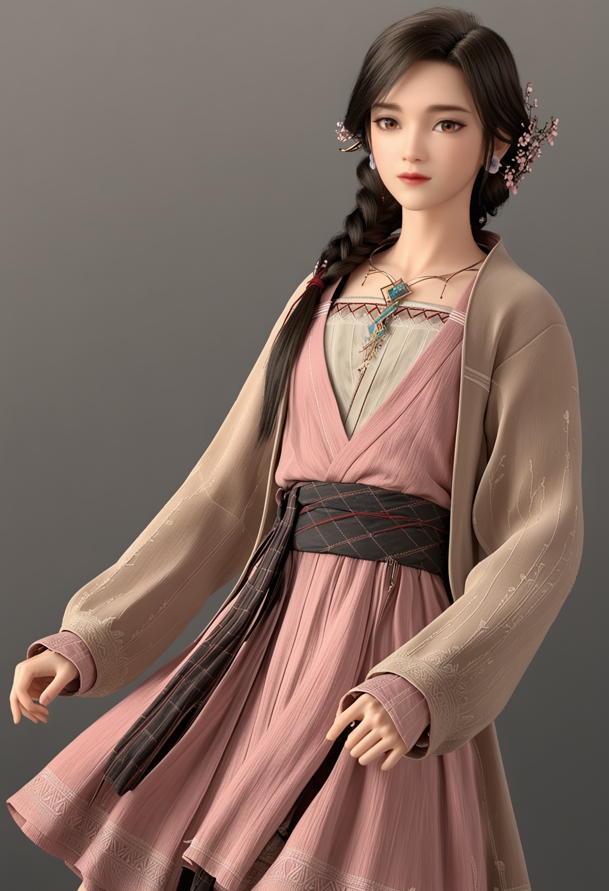 (cowboy shot:1.2),(looking at viewer:1.1),facing viewer,direct gaze,<lora:YQ_pony_yingmo_V4:0.8>,q1528437228,1girl,solo,jewelry,long hair,hair ornament,earrings,braid,brown hair,brown eyes,hair flower,necklace,black hair,dress,long sleeves,single braid,BREAK simple background,pure black background,black background,perfect anatomy,