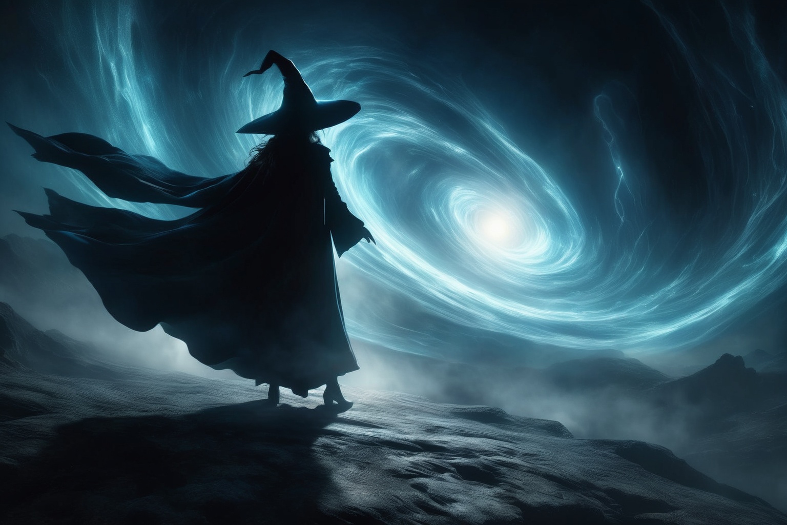 a witch stands on the edge of a black hole,  her long black cloak billowing in the wind. her pointed hat casts a shadow on...