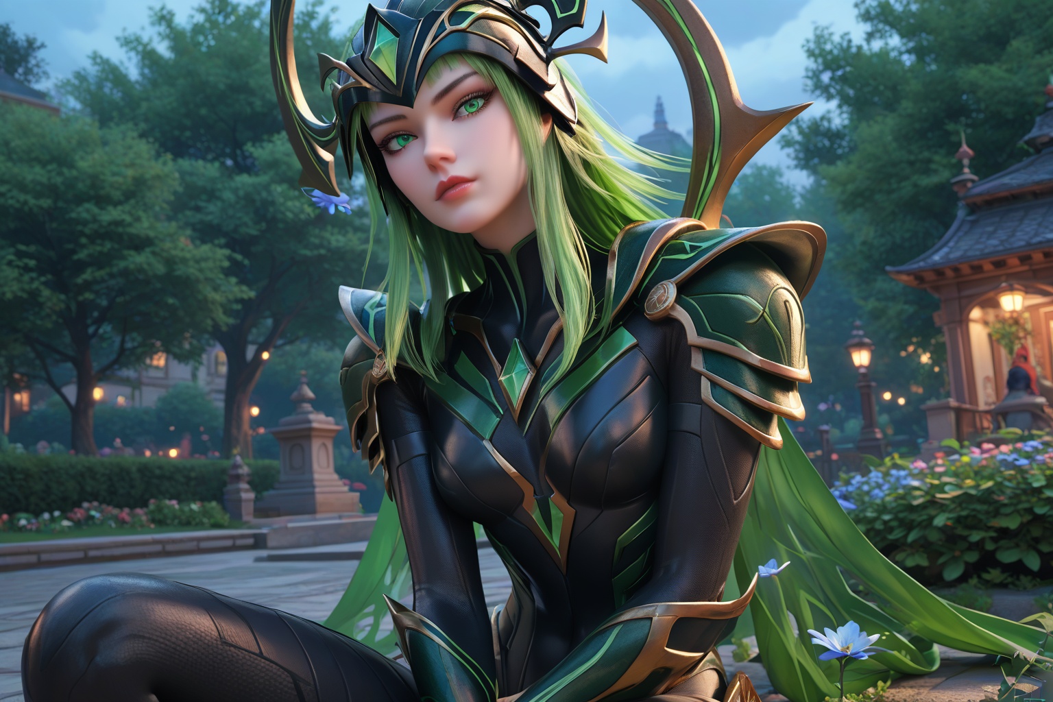 hela_rivals,(score_9, score_8_up, score_7_up),(source_anime),(masterpiece),best quality,1girl,solo,(pale skin),mature female,tall,slender,default skin,bodysuit,armor,green eyes,helmet,spiked helmet,green details,black bodysuit,dark lips,claws,shoulder armor,looking at viewer,(sitting:1.2),close up,in a park,night,outdoor,blue flowers,blue trees,