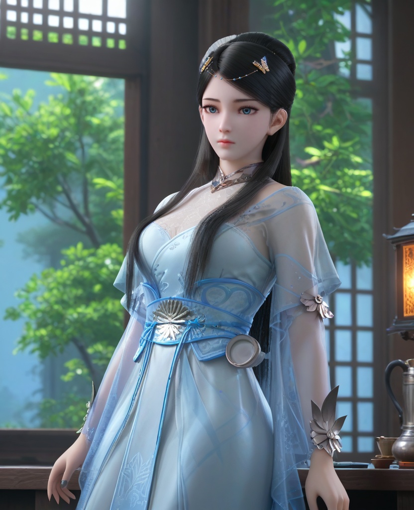 (oriental architecture, elegant decor, sophisticated style:1.1),(Standing near a window, with a cup of coffee, enjoying a peaceful and quiet morning,:1.1),(breasts:1.2),<lora:XL16墓王之王寒千落:0.95>,miss hanqianluo,spale blue dress,see-through,blue eyes,black hair,long hair,hair ornament,hanging hair,sash,wrist cuffs,pelvic curtain,, score_9,score_8_up,score_7_up,score_6_up,score_5_up,score_4_up,3d rendering,tag1,tag2, Cinematic Lighting,backlighting,