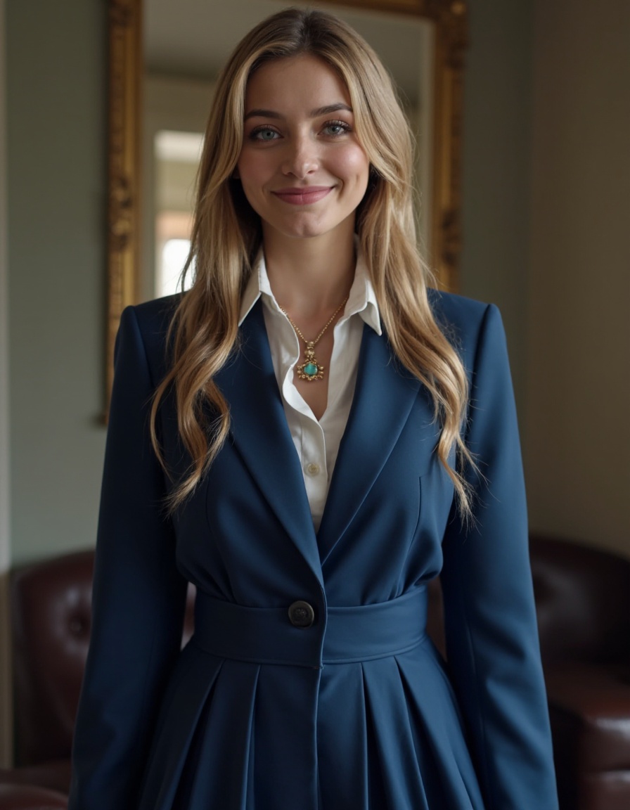 HDR photo of cinematic film still, 1girl, smirk, solo, blonde long hair, jewelry, necklace, long sleeve dress, blue suit, white collared shirt, pleated dress, short skirt, looking at viewer, dress, pale skin, full body,