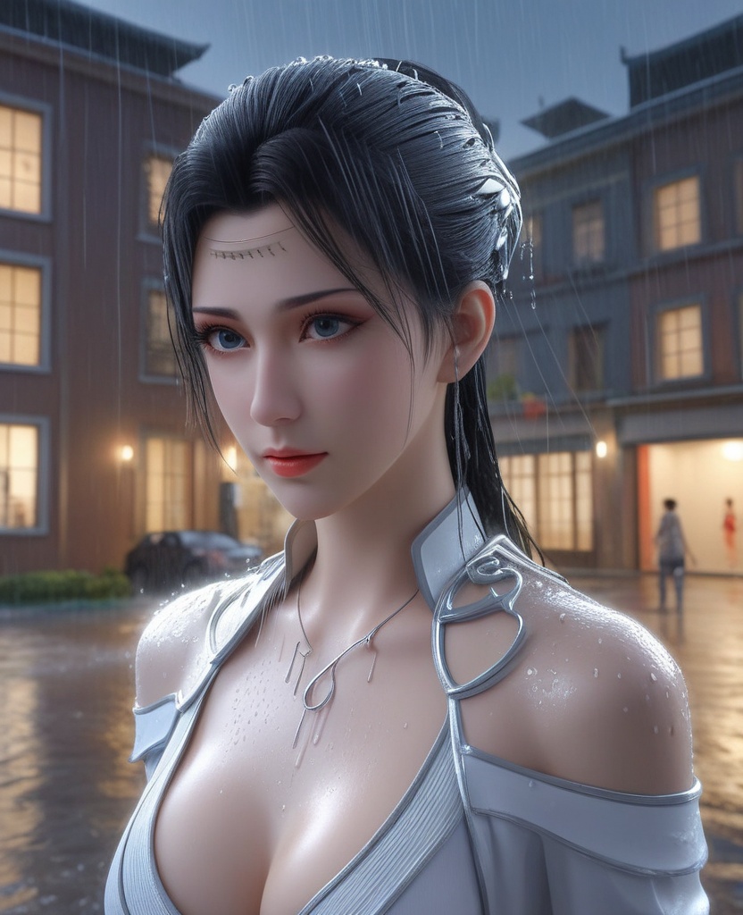 <lora:576-DA-XL-斗破苍穹-云韵-白服:0.8>(,1girl, ,best quality, ),looking at viewer,masterpiece, (( , )),,ultra realistic 8k cg, ,      ,building, bare_shoulders,cleavage cutout, eyelashes,magic,hydrokinesis,sweat, wet, rain, ,       (cleavage), (),