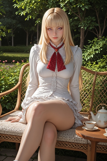 solo, lili \(tekken\), teapot, crossed legs, sitting, garden, masterpiece, best quality, amazing quality, very aesthetic, absurdres