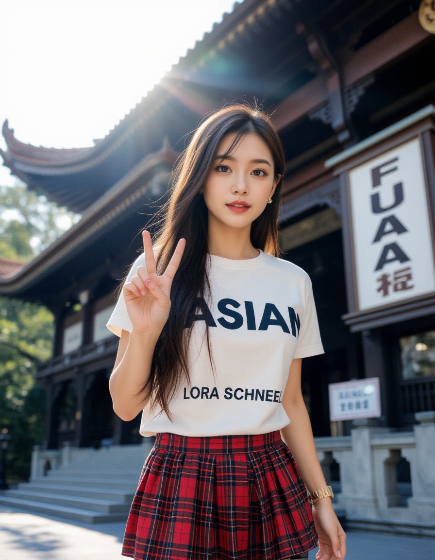 A photograph of an incredibly beautiful 18-year-old girl with long,  stylish gradient brown hair,  standing confidently at...