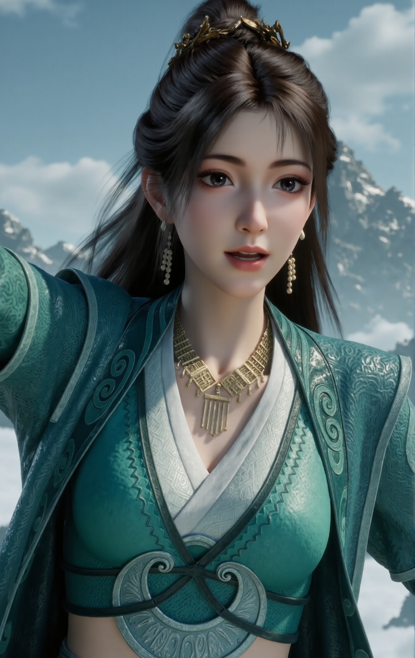 "Portrait of Mupeiling taking a selfie with a shocked expression. She wears an elegant traditional Chinese attire in teal with intricate patterns and a white inner layer,along with a small gold crown on her head. Her long dark hair is styled in a high ponytail. She also wears a gold necklace with pendants and matching earrings. One arm is extended as if holding a camera or smartphone,in a running pose. The photo uses Dutch angle (tilted lens) and motion blur to add a sense of unease and tension. The background is simplified,showing no other characters but featuring a clear and sunny sky with minimal details.",