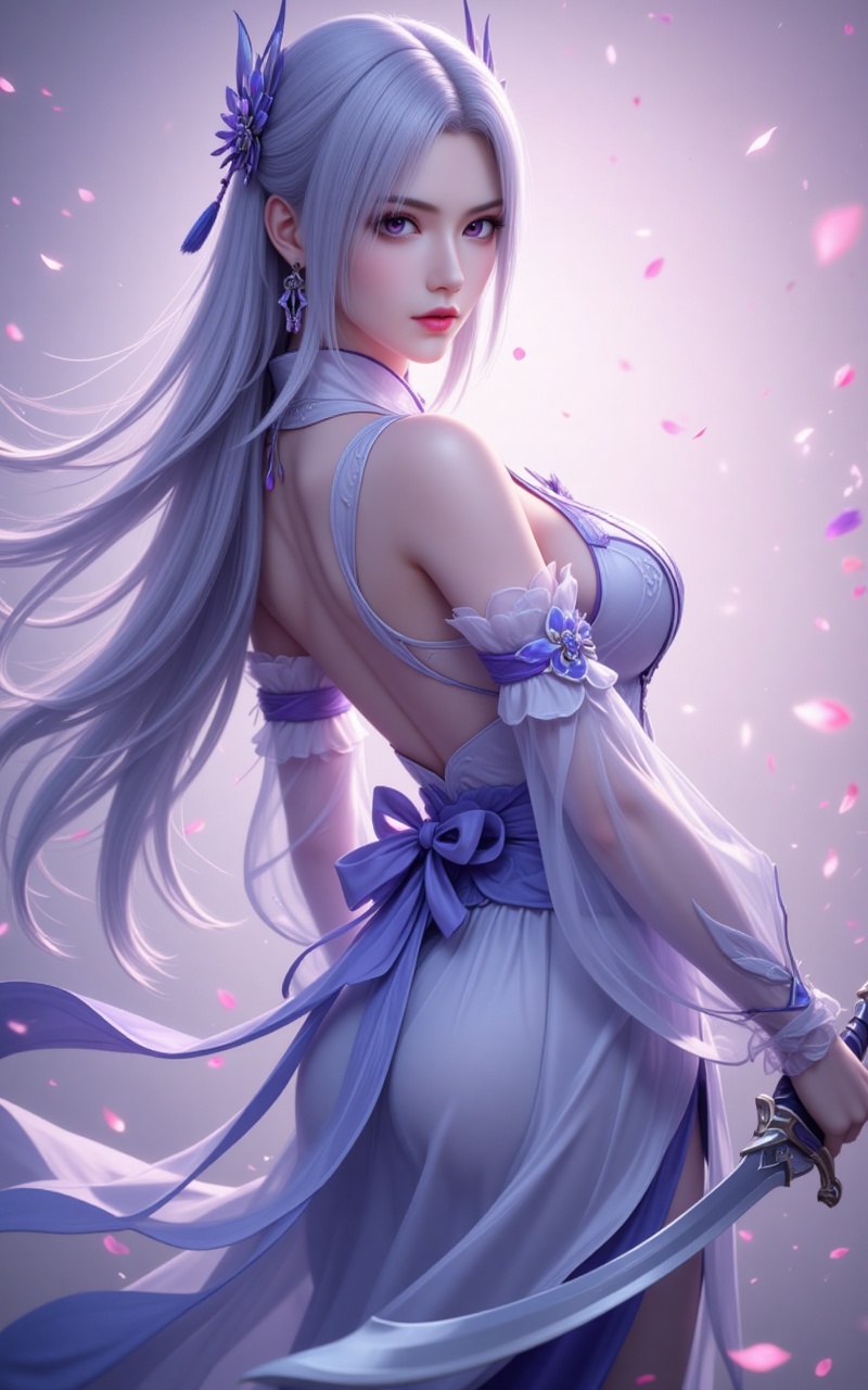 xiaoyixian,lvjing,white hair,long hair,purple eyes,jewelry,hair_ornament,1girl,long hair,weapon,sword,hair ornament,dress,solo,holding weapon,holding,petals,white dress,holding sword,white hair,falling petals,bare shoulders,looking back,back,2,cover,simple background,gradient_background,Close-up details,outstanding style,adding a touch of dimension to your images without compromising details,close-up,