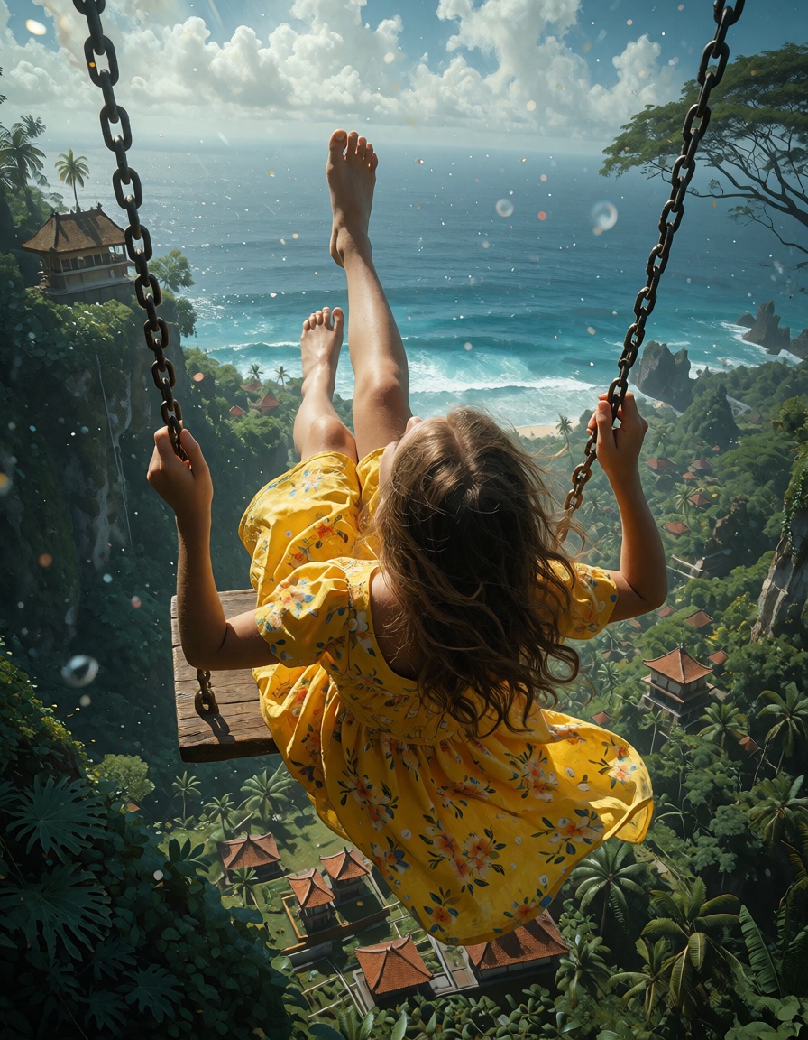 Create a manipulated image that combines elements of a surrealist and fantastical style. The central subject is a young wo...