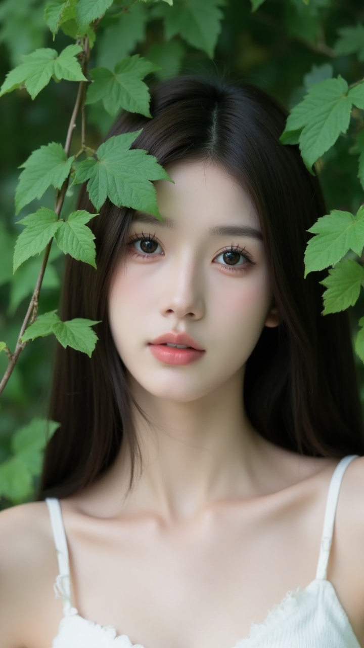 1girl,A photograph of an Asian woman with fair skin and long black hair,wearing a white spaghetti-strap top,surrounded by lush green foliage. She holds a vine with green leaves across her face,creating a natural,ethereal look. The background is a blurred forest,enhancing the serene,nature-inspired aesthetic.,1girl,reversal film photography