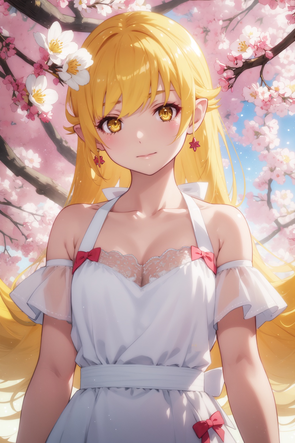 <lora:Acerola-000007:0.8>,Acerola cyql,1girl,looking at viewer,solo,blonde hair,long hair,yellow eyes,blush stickers,dress,bare shoulders,pointy ears,collarbone,bracelet,white dress,jewelry,Angry, tightened jaw, squinted eyes, and raised eyebrows.,full_shot,beautiful face,beautiful eyes,glossy skin,shiny skin,Cherry trees, Blossoms, Park, Spring, Colors, Beauty, Serenity, Tranquility,(Tropical plants, Sunset hues, Exotic foliage, Evening glow, Tropical oasis, Serene atmosphere:0.6),beautiful detailed sky,beautiful detailed glow,posing in front of a colorful and dynamic background,masterpiece,best quality,beautiful and aesthetic,contrapposto,female focus,wallpaper,fashion,