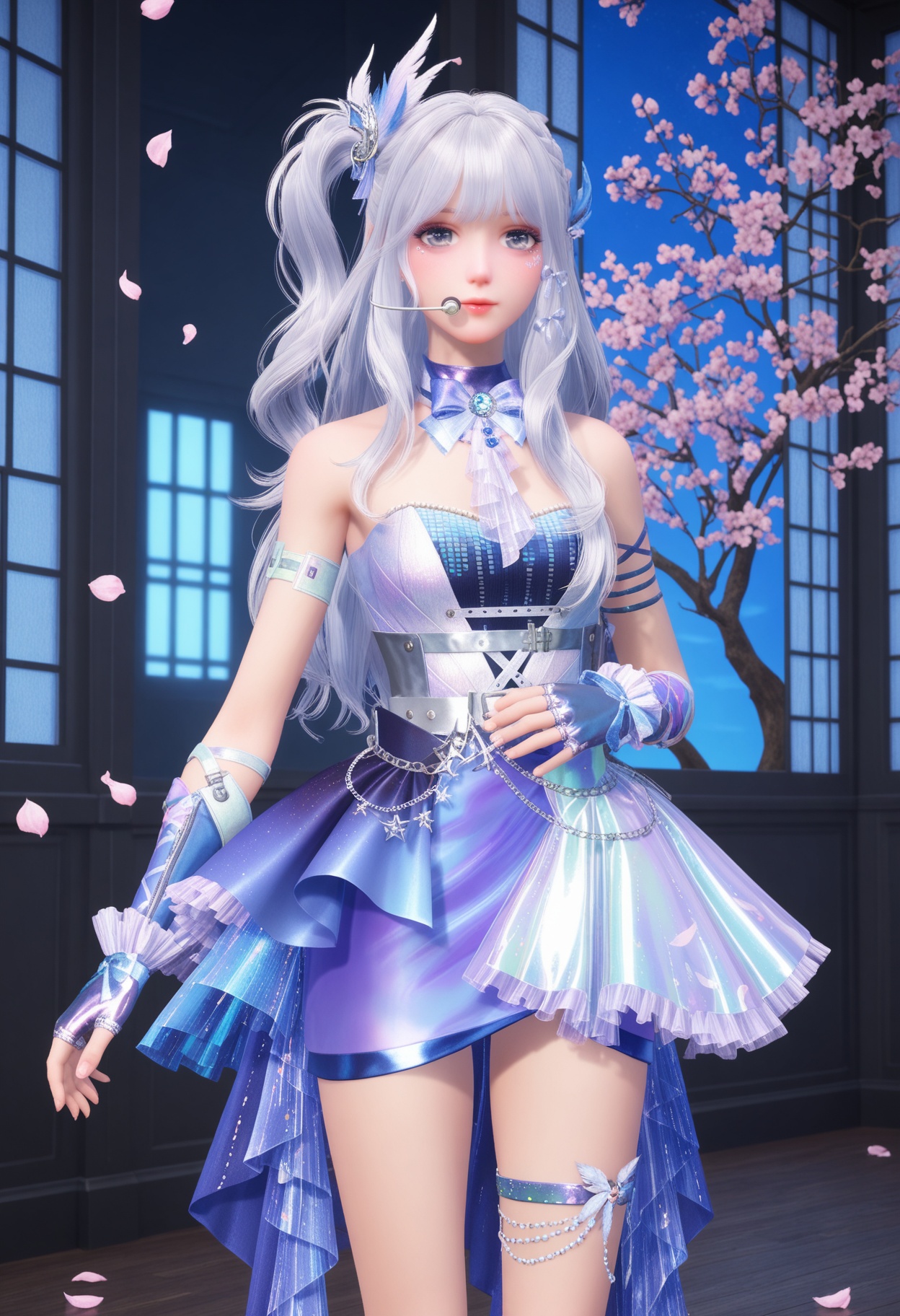 (upper_body:1.2),(looking at viewer:1.1),facing viewer,direct gaze,(masterpiece:1.1),(best quality:1.2),(intricate details),(smog:1.3),(Dark room:1.3),(dim lighting:1.3),peach blossom,falling petals,<lora:YQ_Illustrious光辉v5_暖暖23_星屑小梦曲_V1:0.8>,1girl,q1528437228,long hair,white hair,hair ornament,dress,fingerless gloves,boots,blue eyes,skirt,grey eyes,jewelry,one side up,belt,masterpiece,(best quality),(intricate details:0.9) BREAK (intricate details:0.9),(realistic skin:1.2),masterpiece,best quality,newest,absurdres,hiahres,