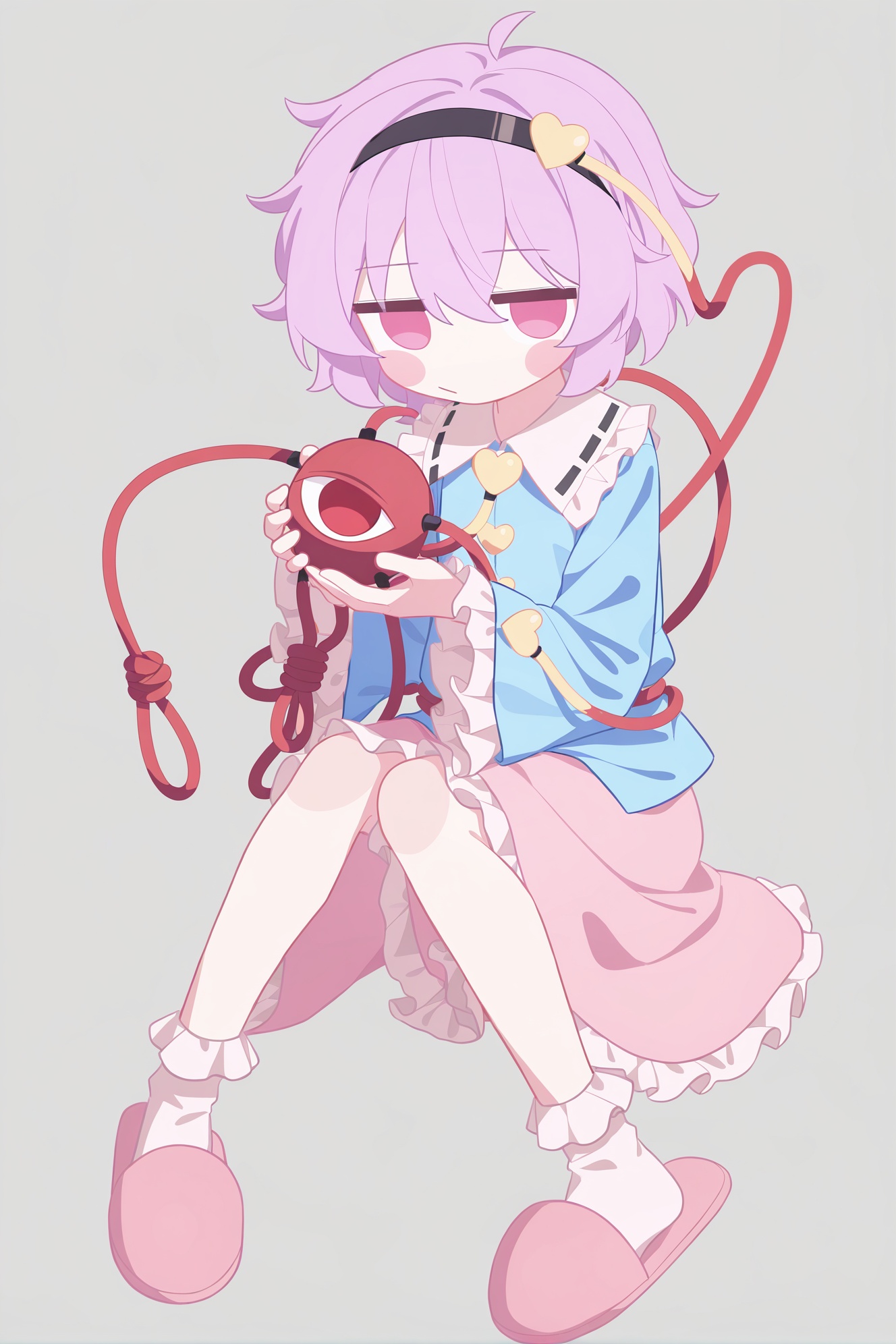 ƎWꓤOꓞWI,ƎWꓤOꓞWI,no pupils,(masterpiece,best quality,highres,absurdres,best quality,amazing quality,very aesthetic,absurdres),1girl,komeiji satori,skirt,third eye,solo,pink hair,shirt,flower,hairband,slippers,short hair,socks,frills,white socks,heart,holding,rose,pink skirt,long sleeves,blue shirt,black hairband,hair ornament,closed mouth,looking at viewer,simple background,frilled sleeves,red flower,jitome,pink flower,sitting,wide sleeves,red rose,hair between eyes,grey background,pink eyes,heart hair ornament,frilled shirt collar,full body,frilled skirt,blush,multicolored hair,red eyes,pink rose,blush stickers,pink footwear,blouse,knees together feet apart,hands up,buttons,:/,collared shirt,