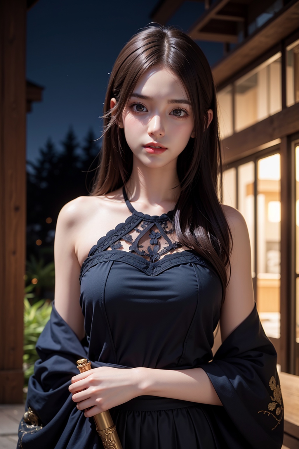 ultra realistic 8k cg,(reality, truth),picture-perfect face,perfect face,beautiful face,masterpiece,fantasy,detailed background,lifelike,intricate detail,1girl,lips,long hair,reality,solo,night,outdoors,skirt,upper_body,