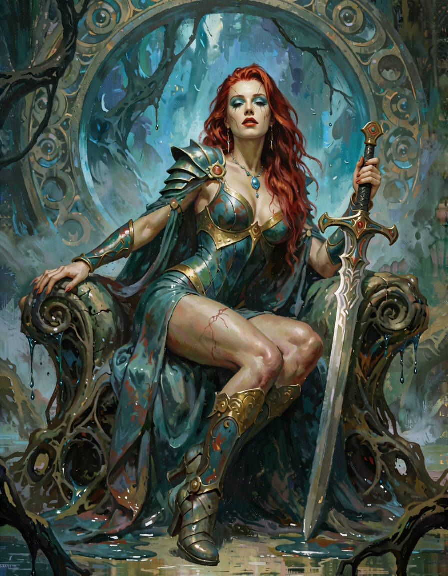 A breathtakingly cinematic and epic fantasy portrait unfolds within an ancient,  mist-shrouded cavern illuminated by ether...